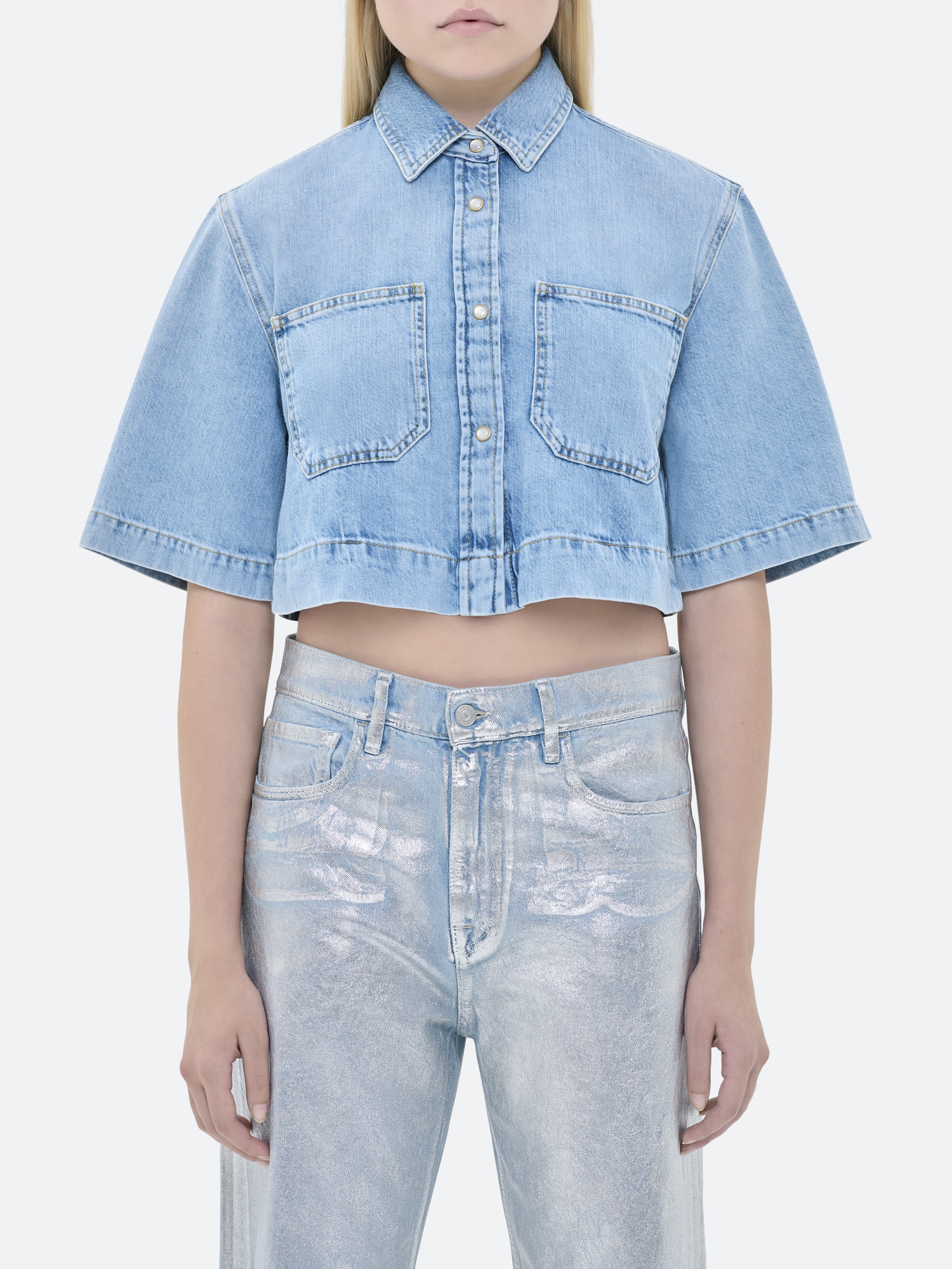 シャツ IONSEOUL Crop Denim Shirt BBU579 Oversized Cropped Shirt | Premium Italian Fabric | Hudson Jeans