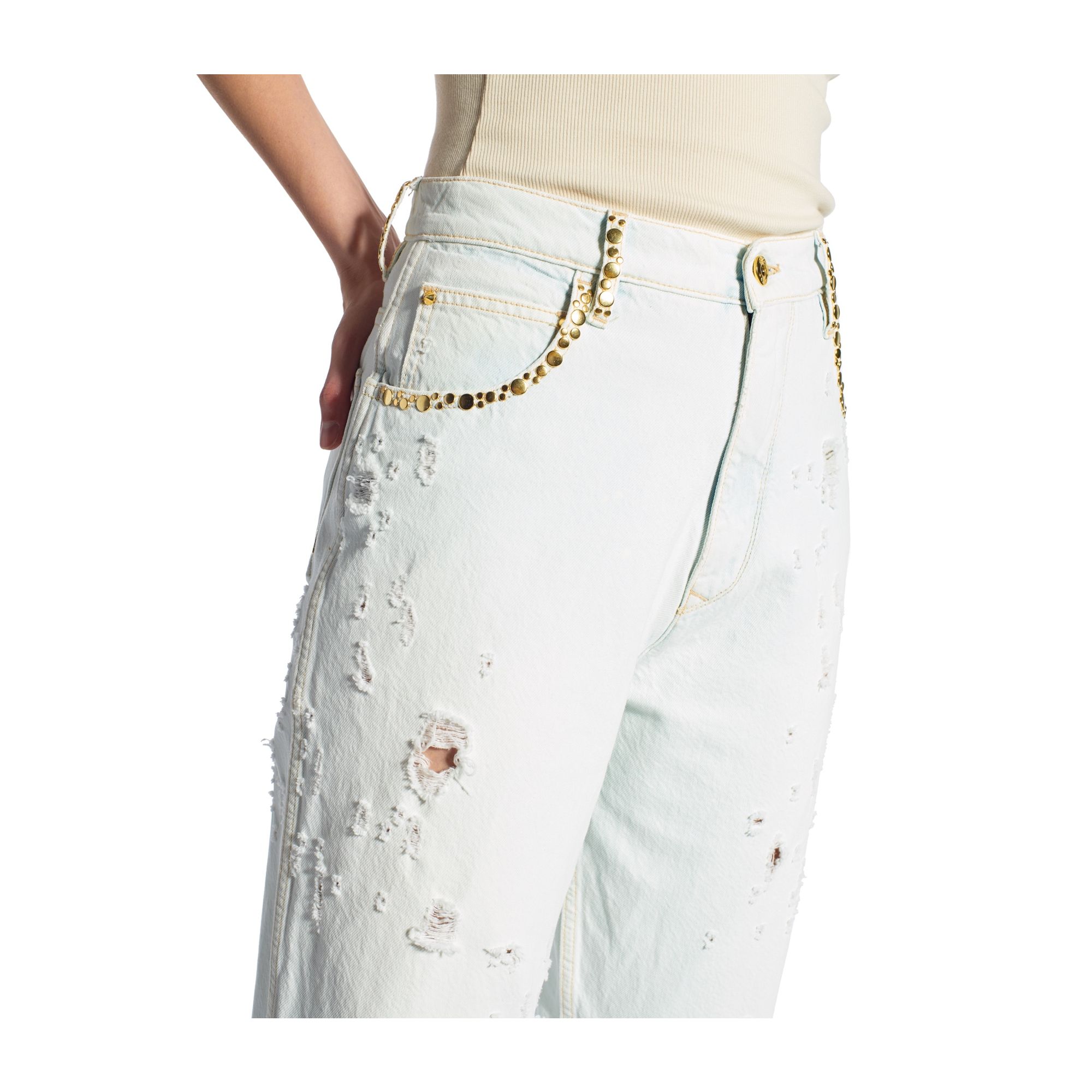 LOLA SUPER HIGH WAIST CARROT CROPPED WITH STUDS SNOW BLEACHED DAMAGED
