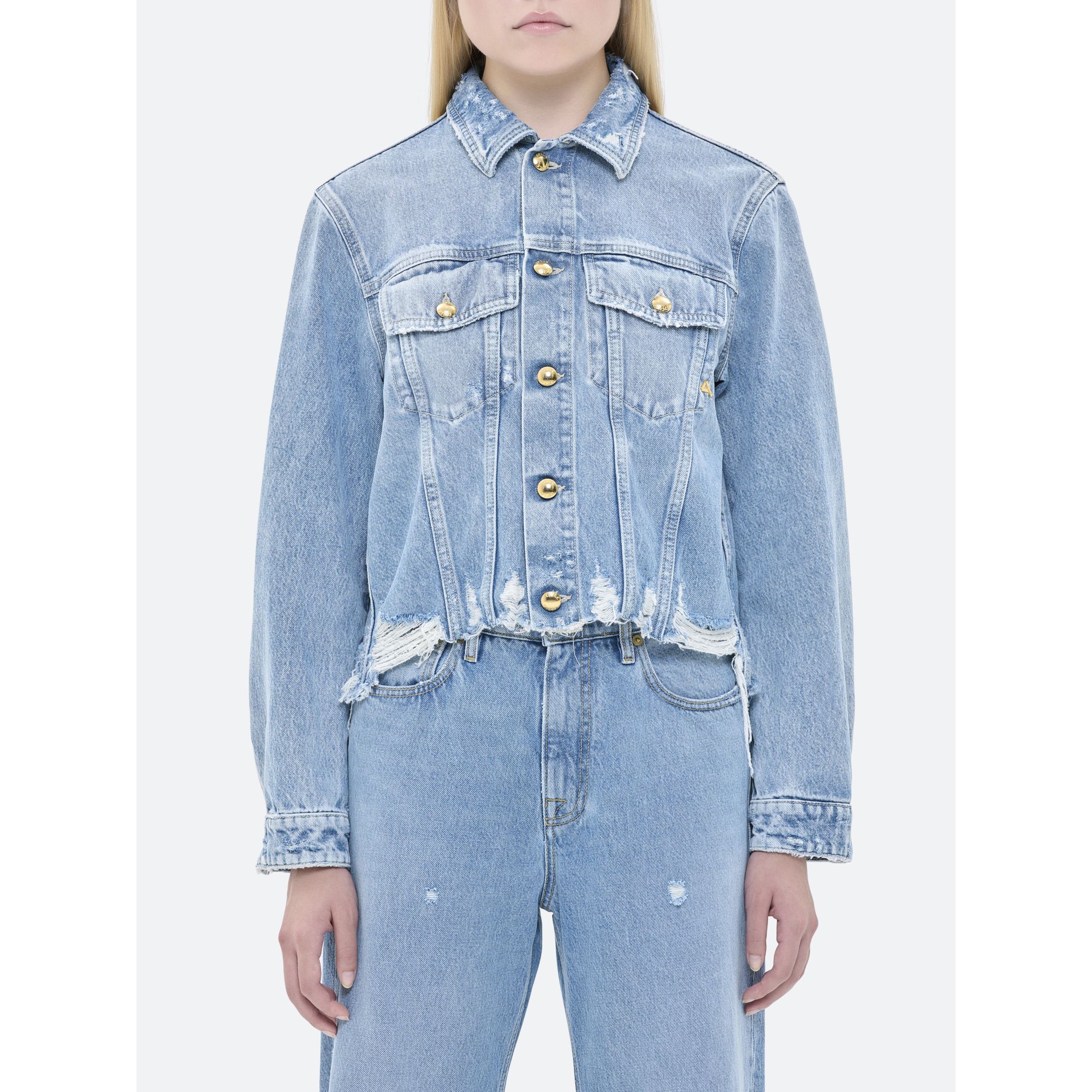 HAILEY CROP TRUCKER JACKET BLEACH AND DISTRESSED DAMAGED EDGE