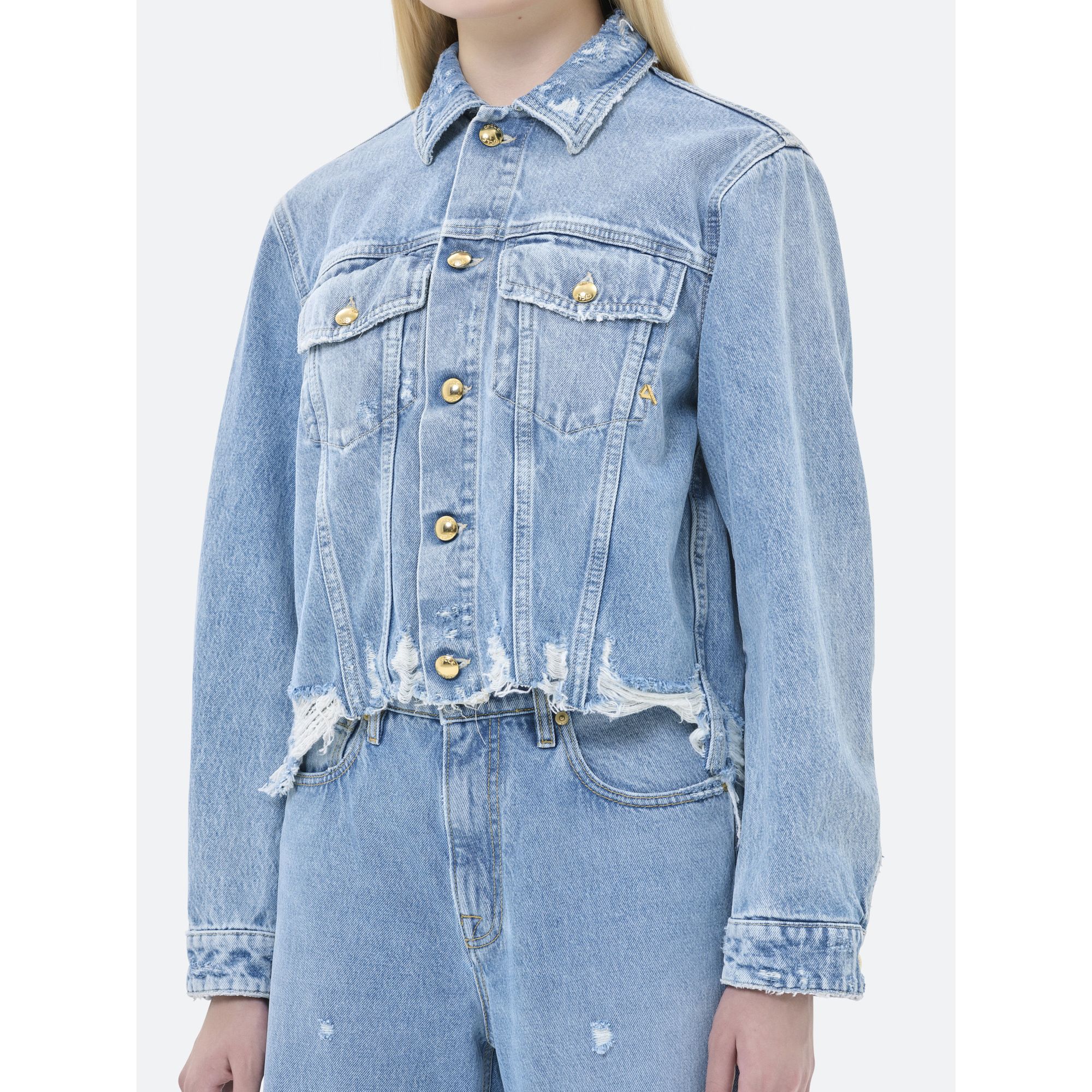 HAILEY CROP TRUCKER JACKET BLEACH AND DISTRESSED DAMAGED EDGE