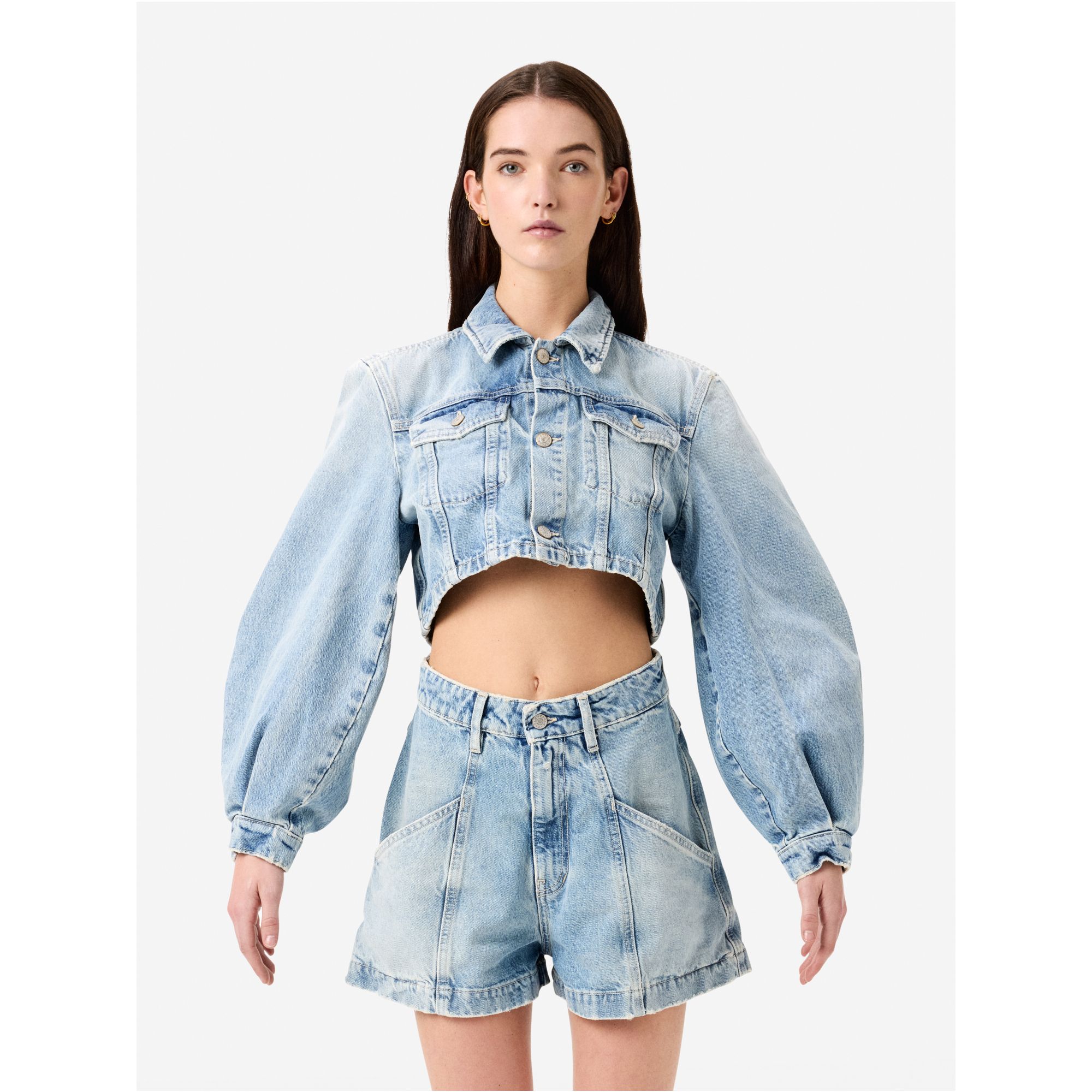 Minny cropped denim jacket light bleach broken edge