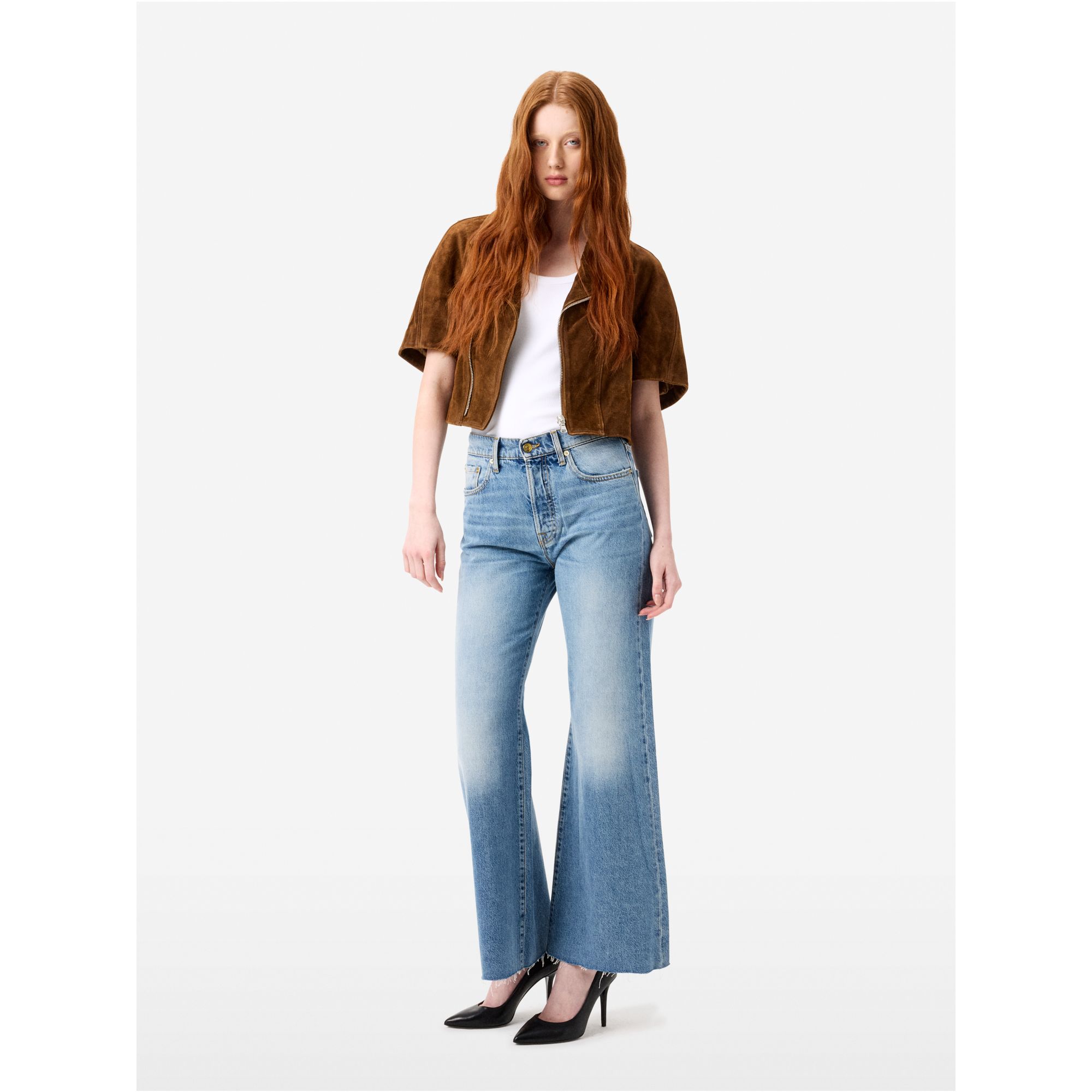 Luna mid rise flared mid tone natural vintage destroyed edge