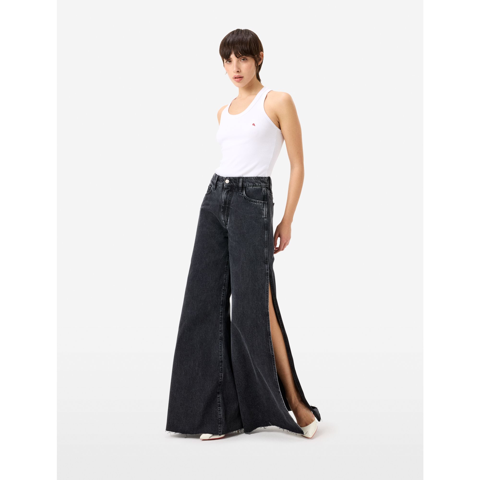 Asia mid rise wide leg flared-split at bottom eco enzyme stone wash destroyed edge