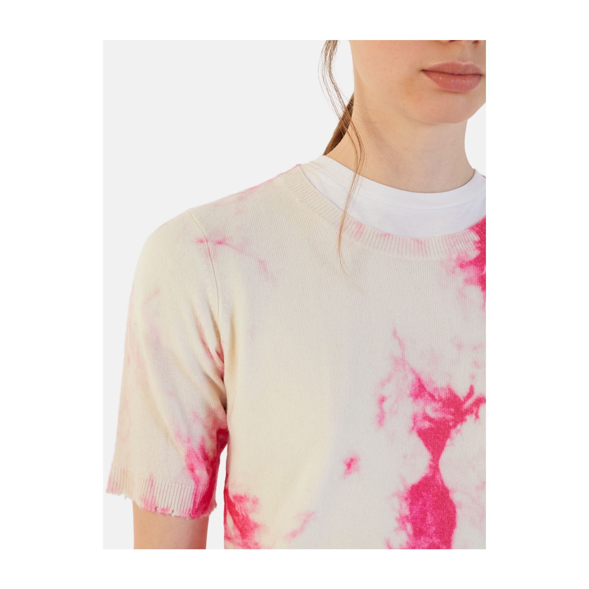 ROUND NECK ALL OVER PRINT S/S 100% CASHMERE FUXIA FLUO