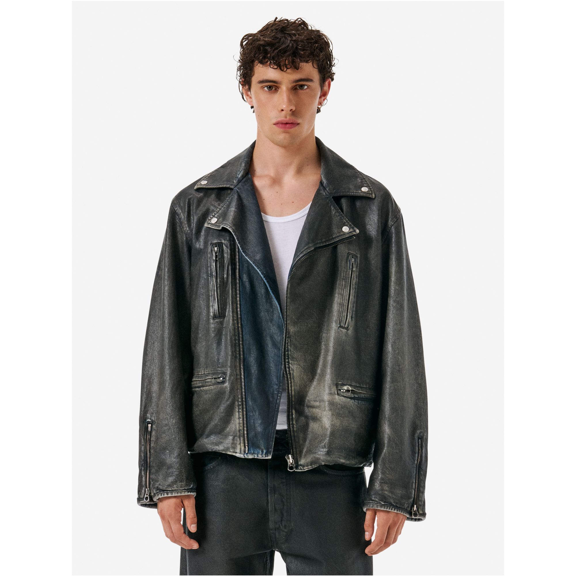 Chiodo biker over jacket coated in a indigo blue finish