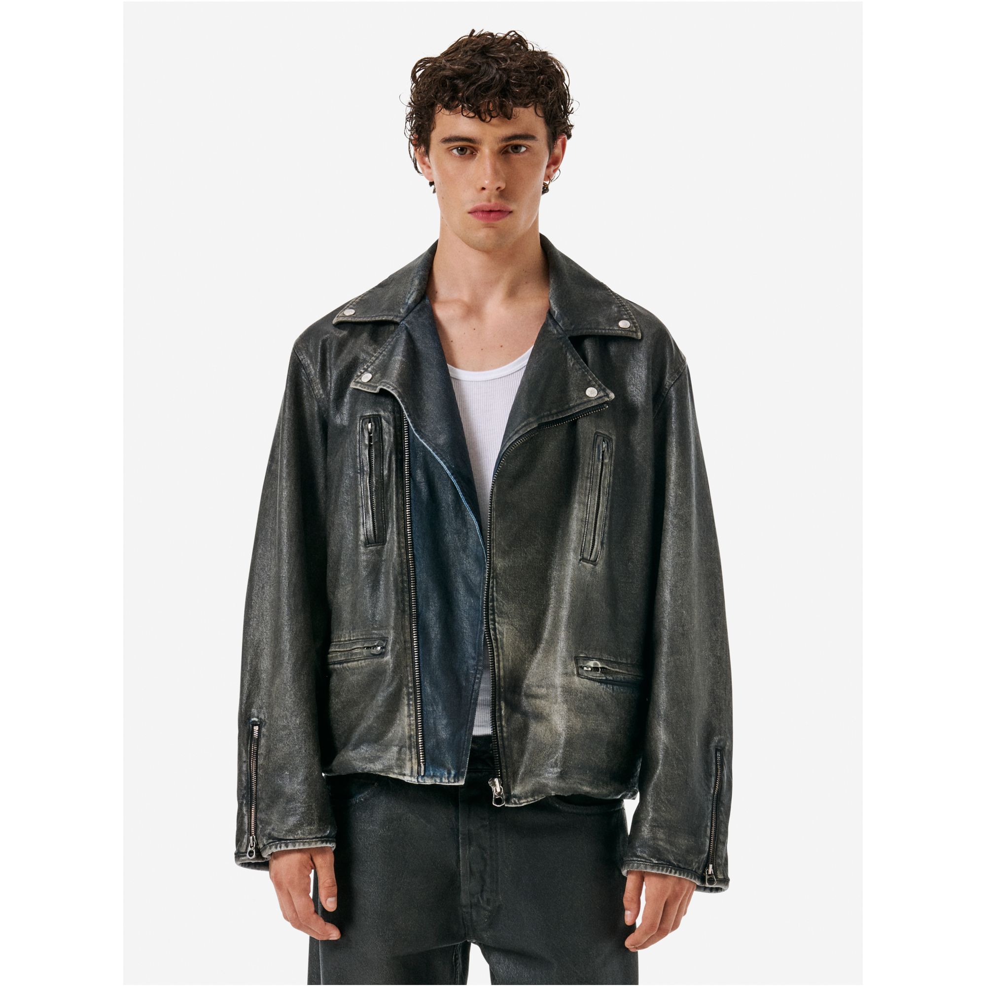 Chiodo biker over jacket coated in a indigo blue finish