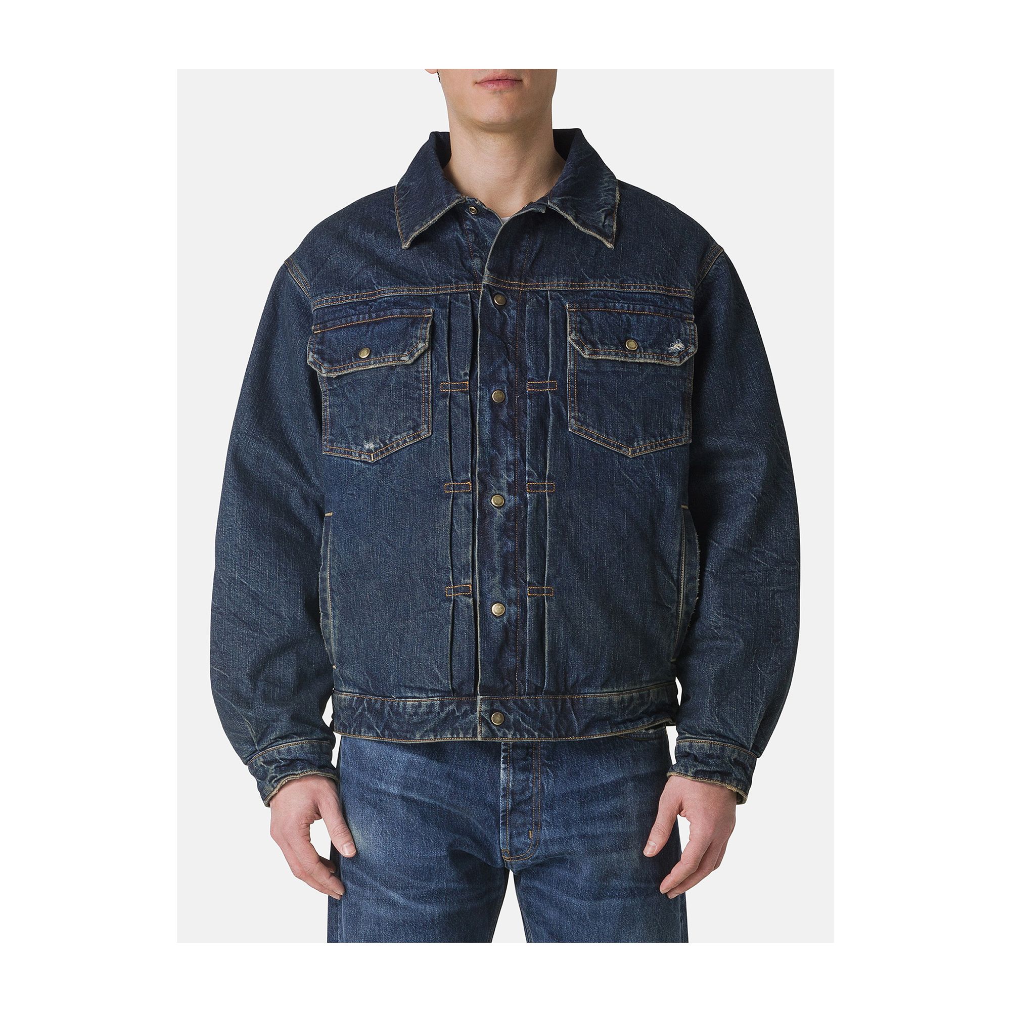 Saki trucker jacket dark wash damaged and resinated