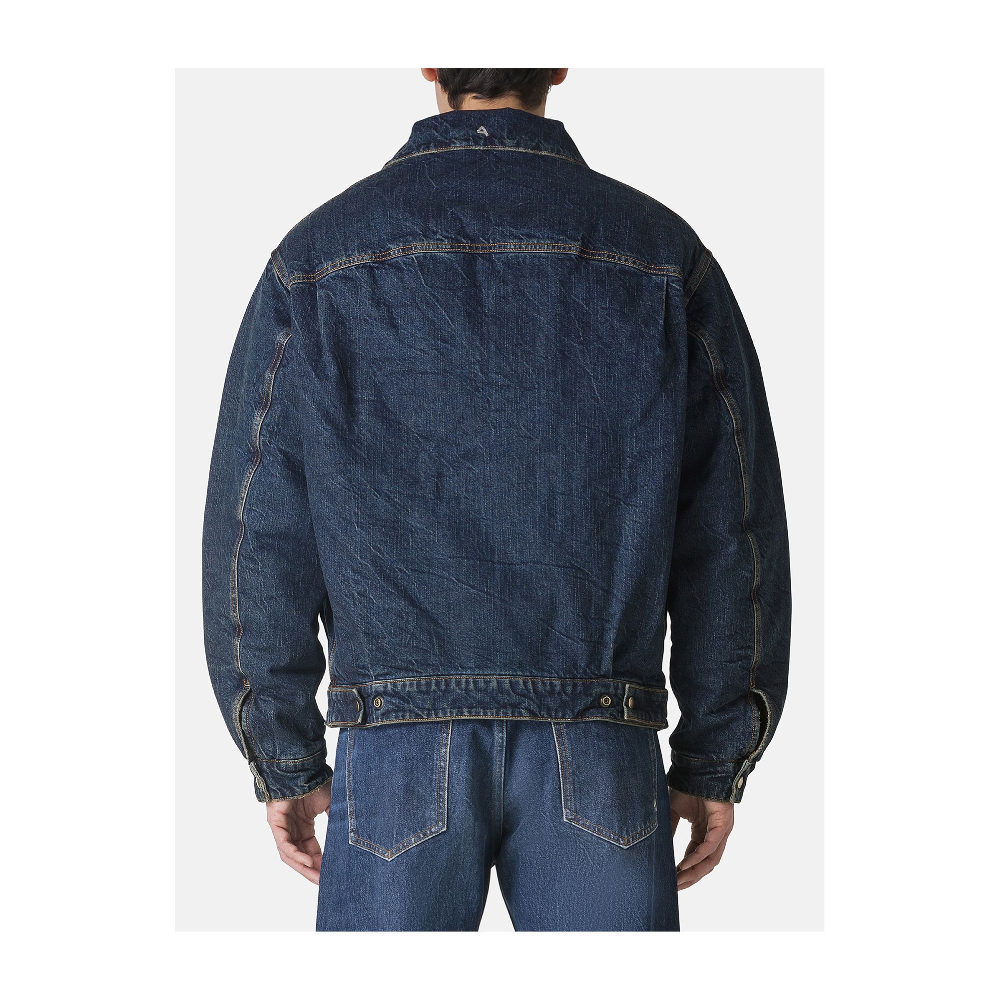 Saki trucker jacket dark wash damaged and resinated