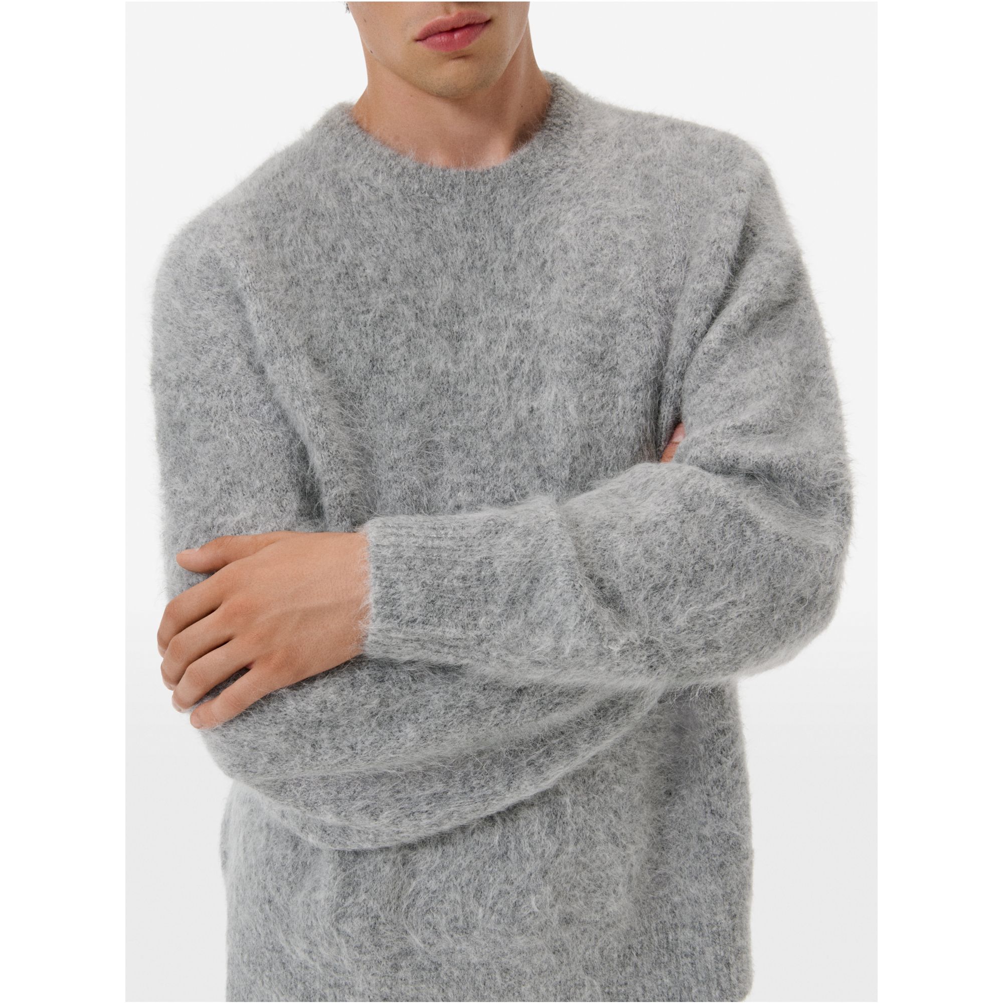 Over round neck collar brushed plain knit amazing