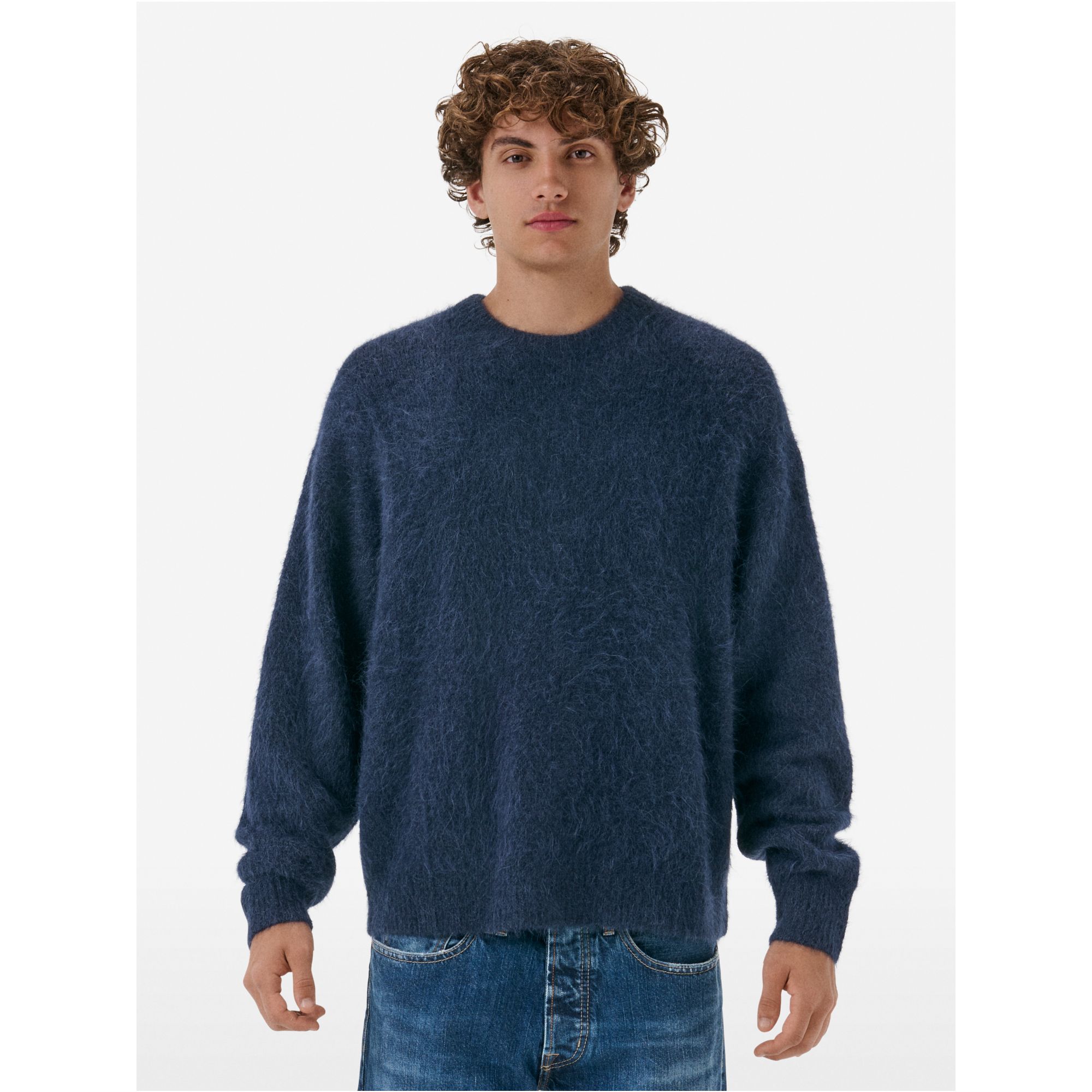 Over round neck collar brushed plain knit amazing