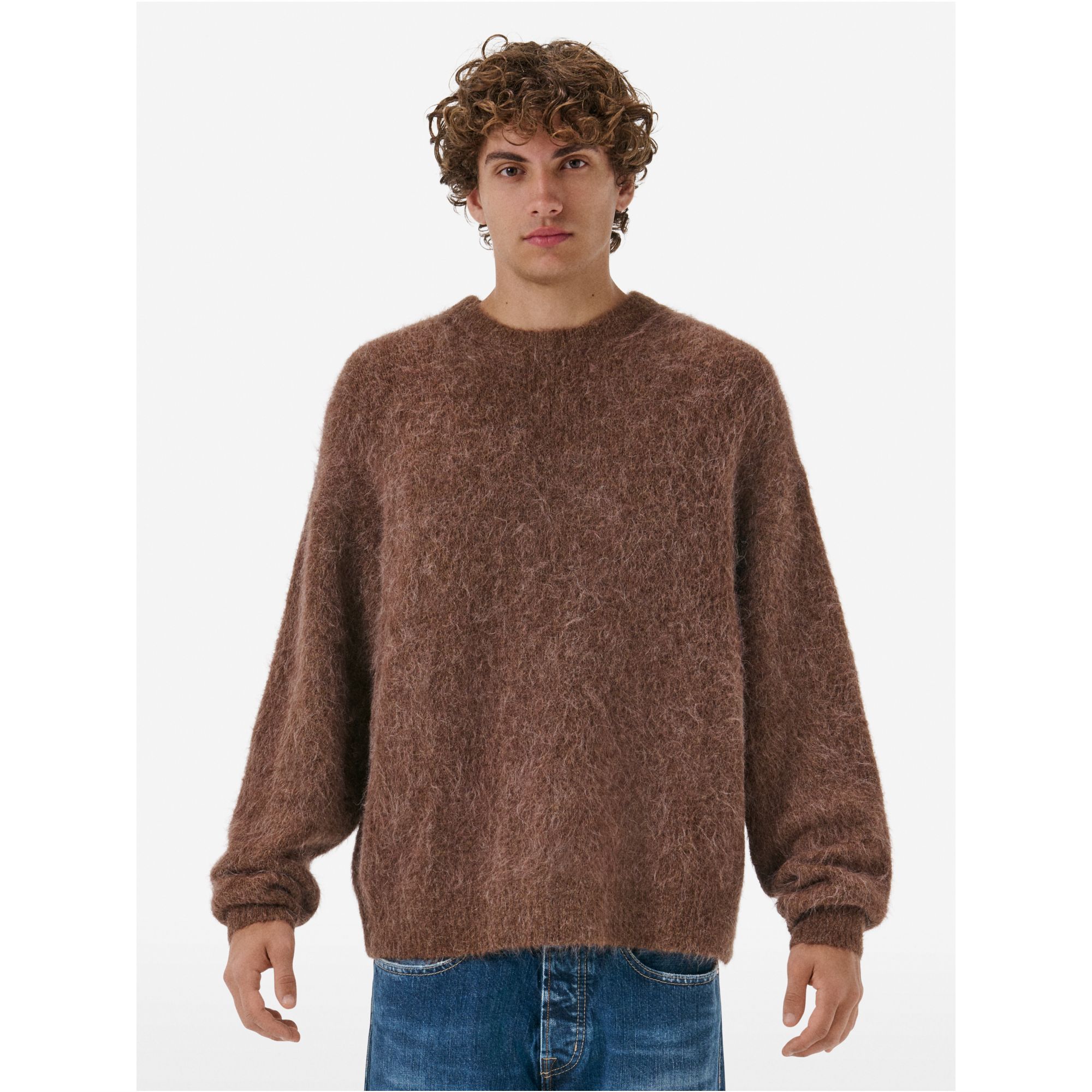 Over round neck collar brushed plain knit amazing