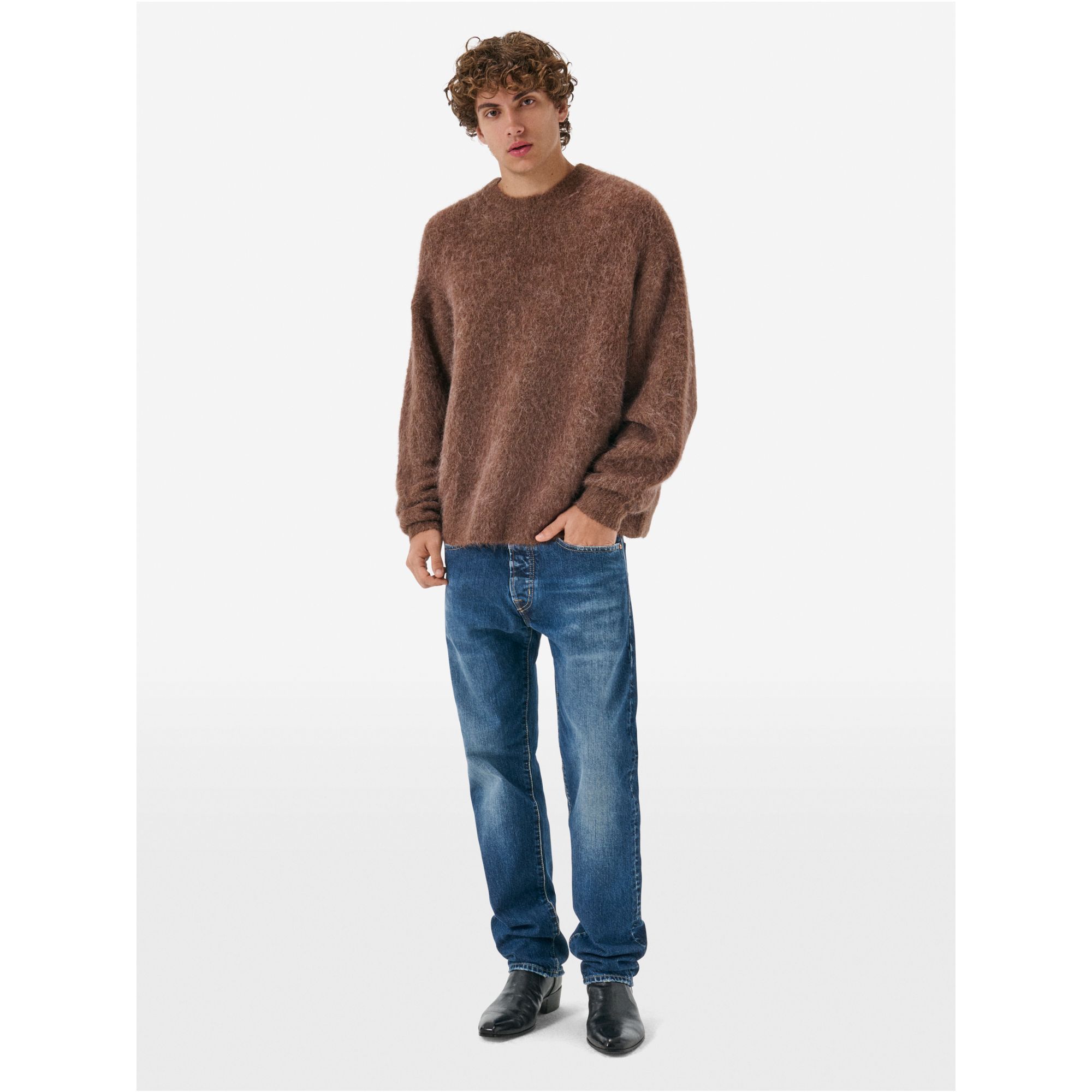 Over round neck collar brushed plain knit amazing