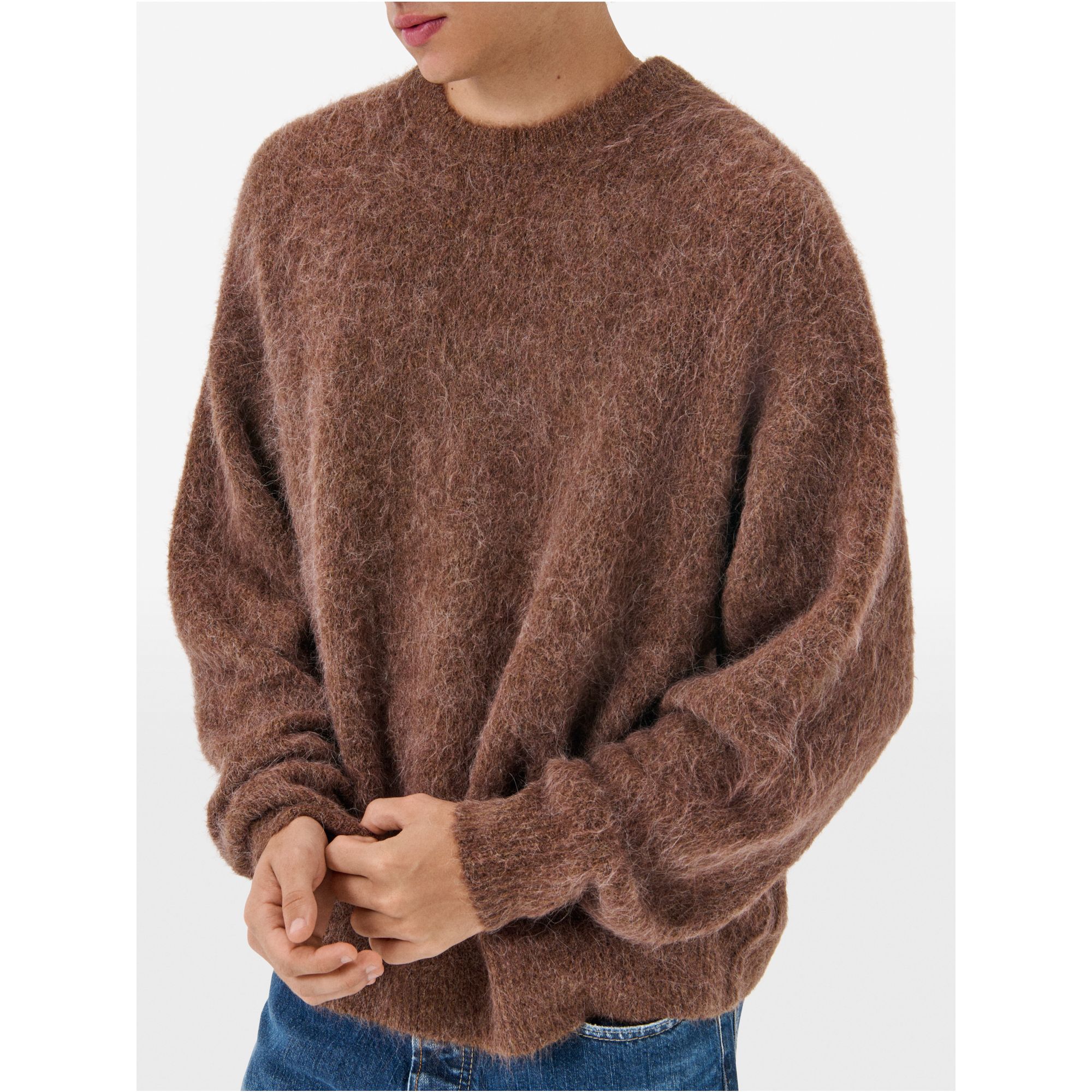 Over round neck collar brushed plain knit amazing