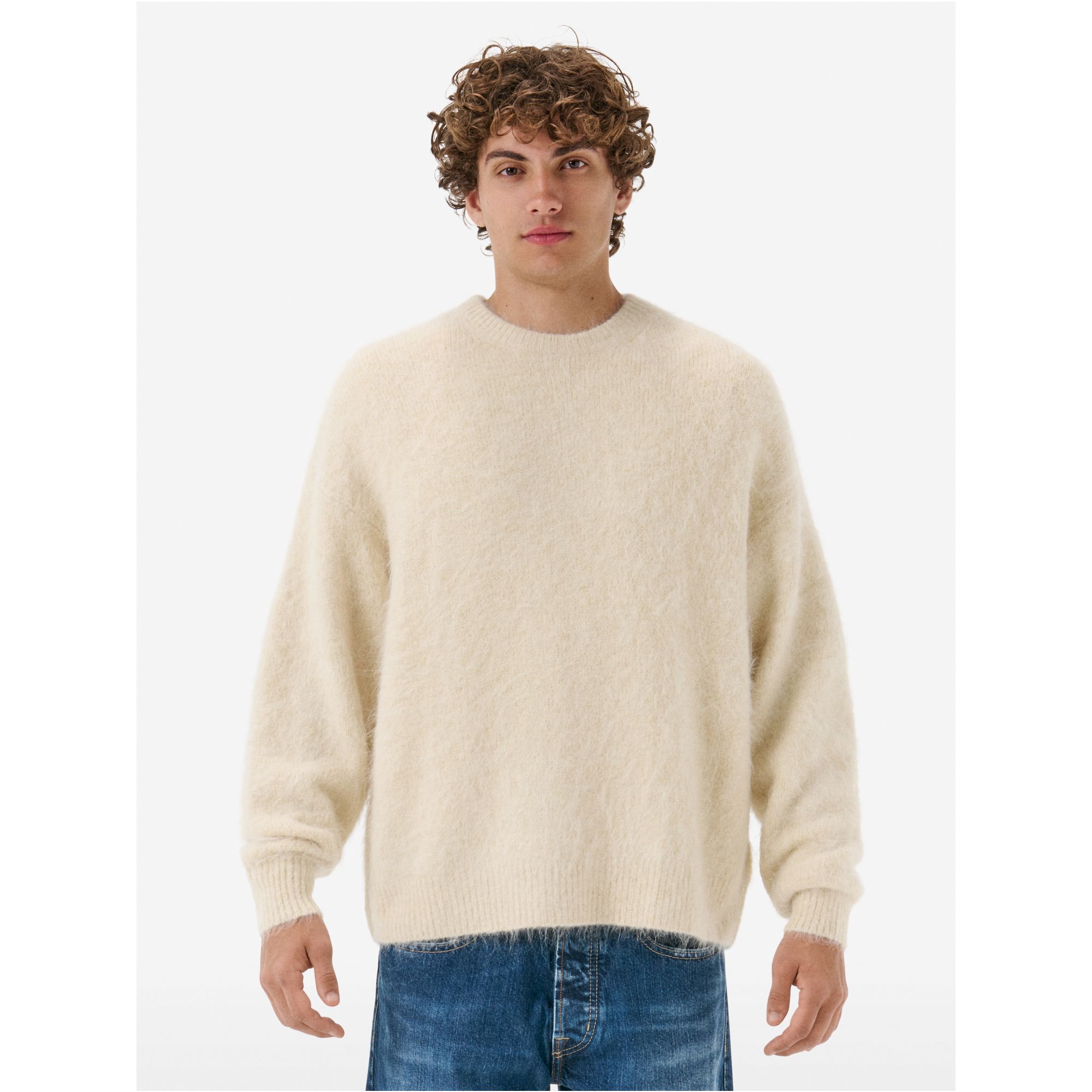 Over round neck collar brushed plain knit amazing