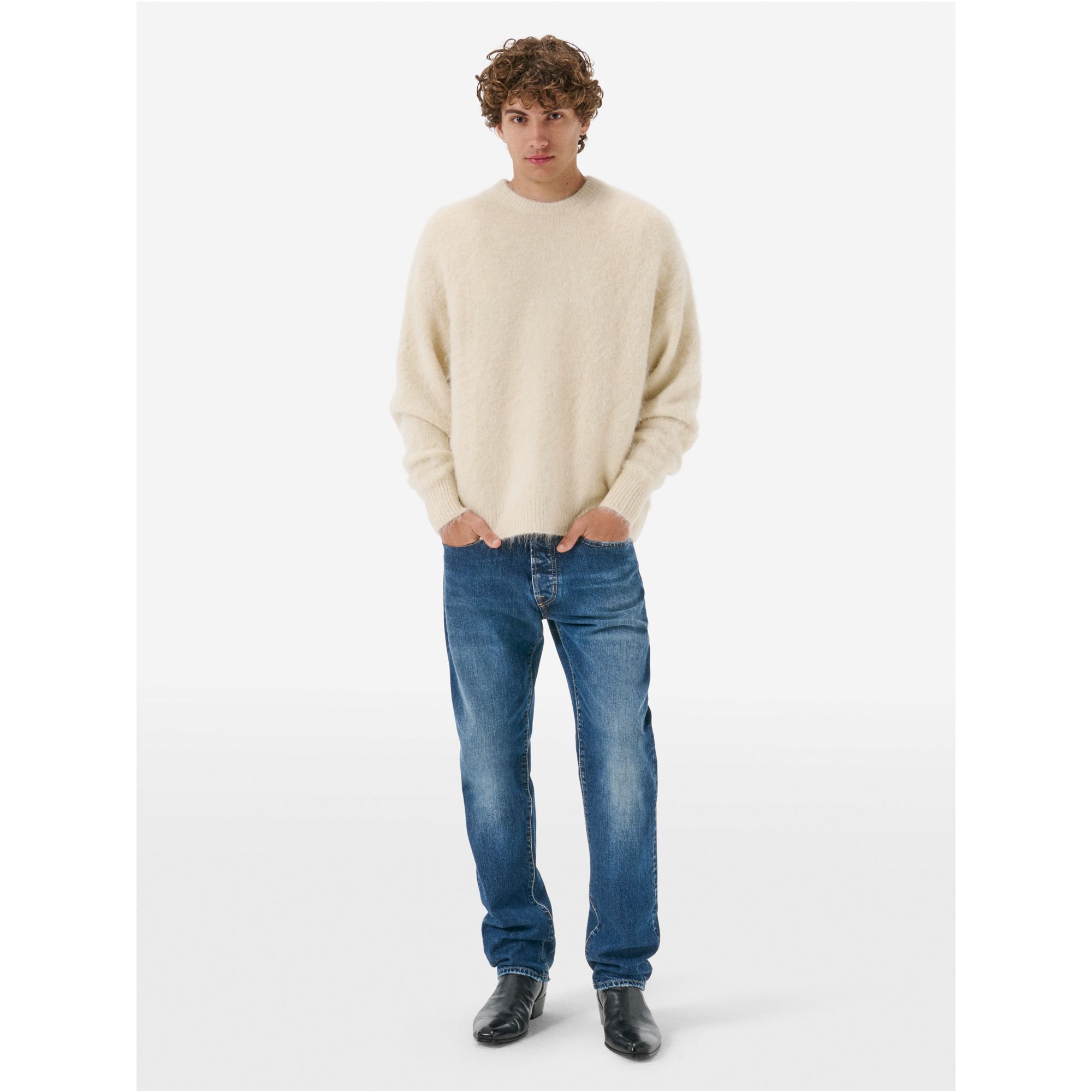 Over round neck collar brushed plain knit amazing