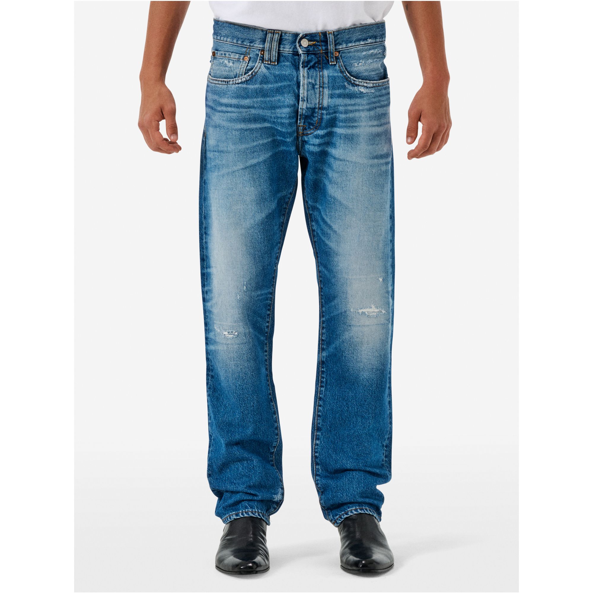 Standard regular straight '90s fit cut and break medium tone open edge