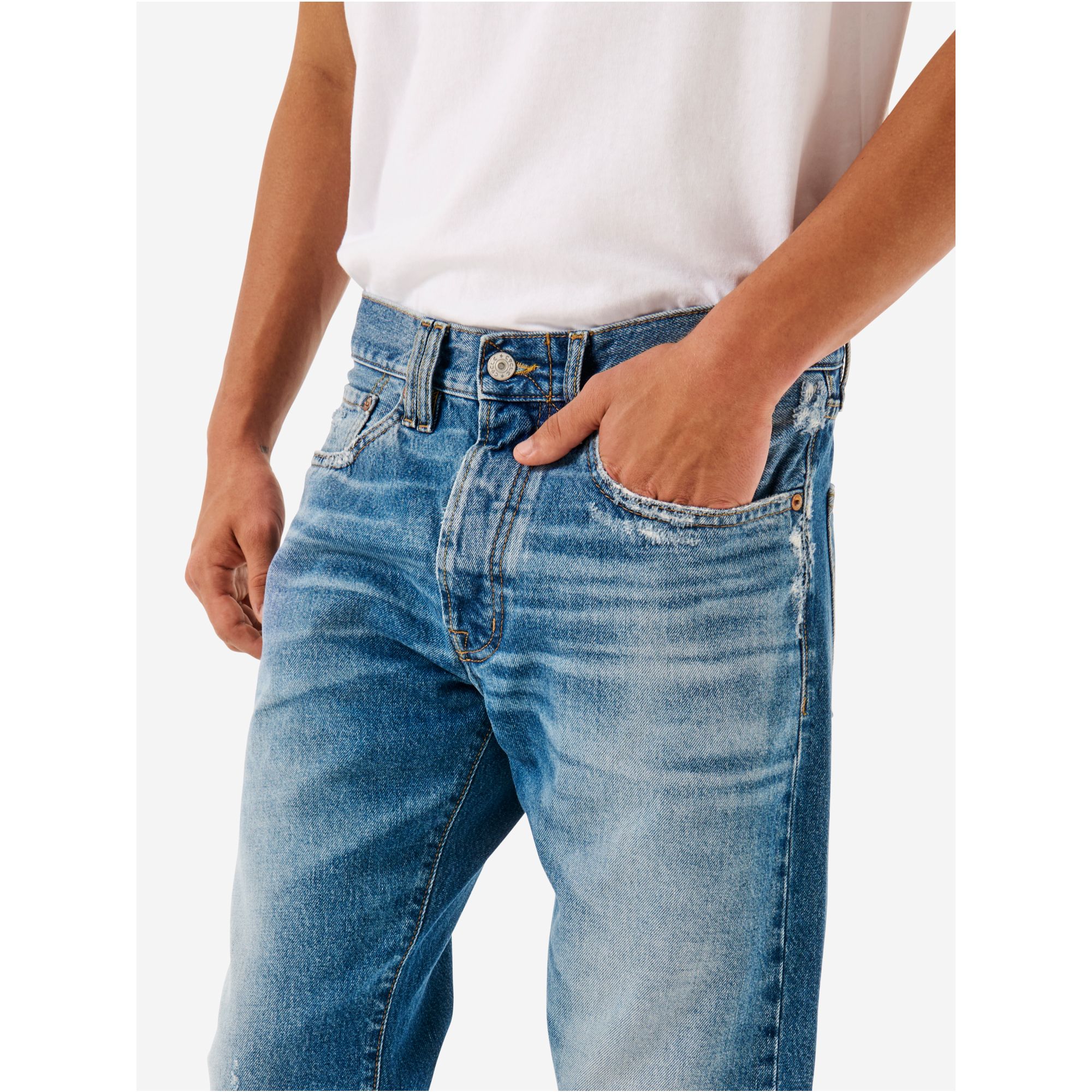Standard regular straight '90s fit cut and break medium tone open edge