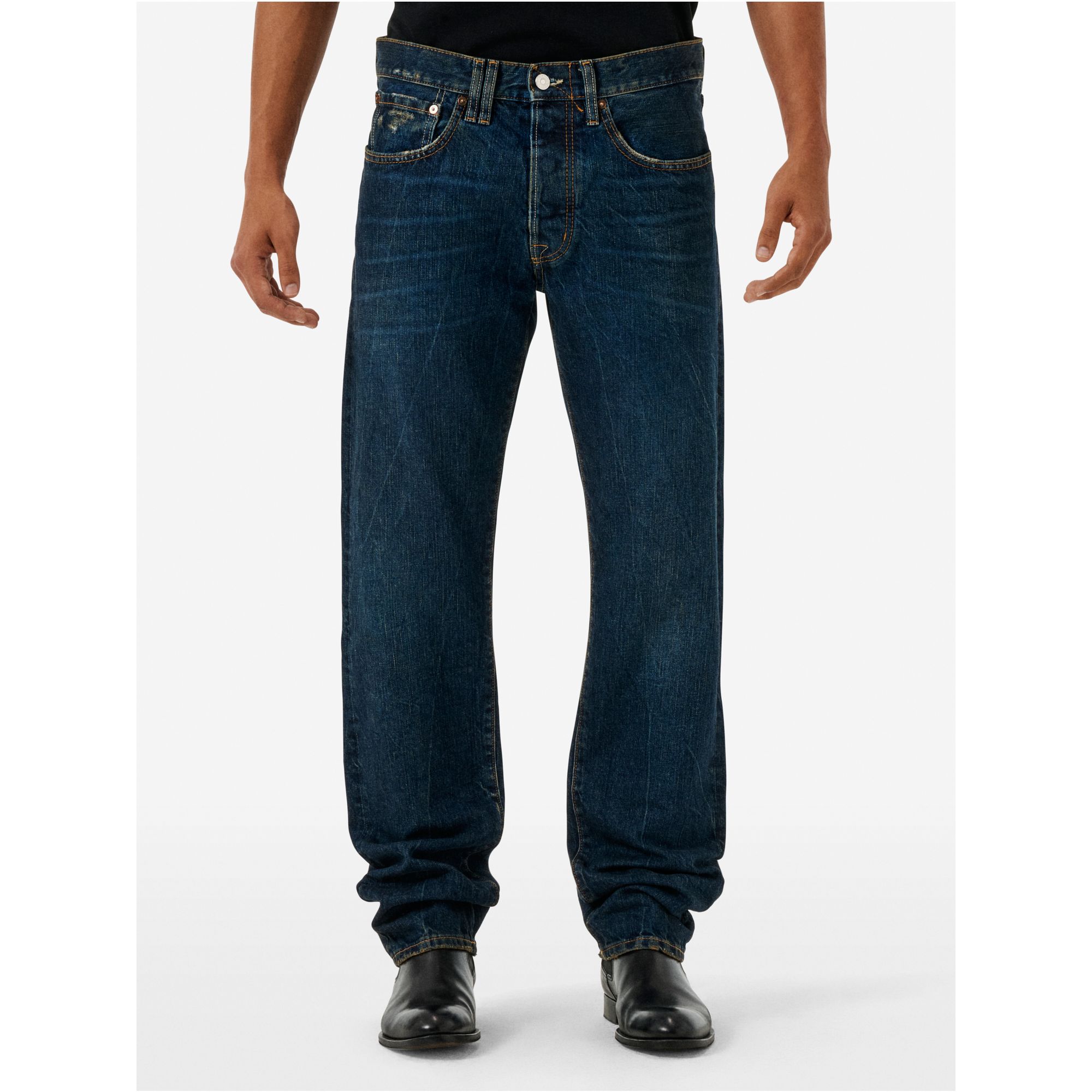Standard regular straight '90s fit dark wash damaged and resinated