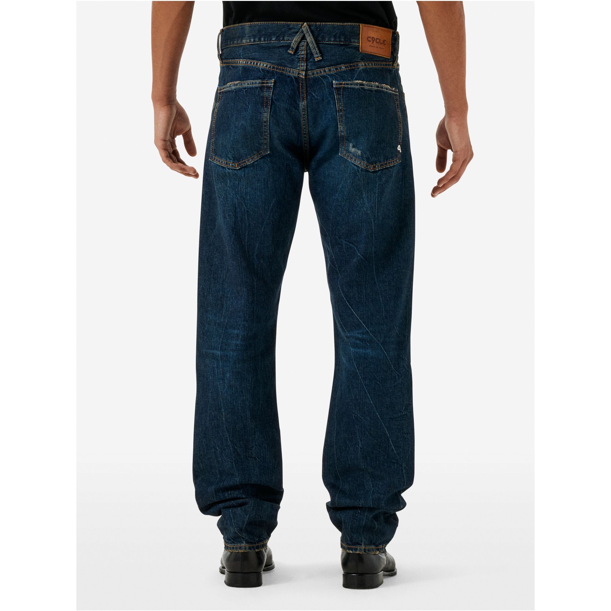 Standard regular straight '90s fit dark wash damaged and resinated