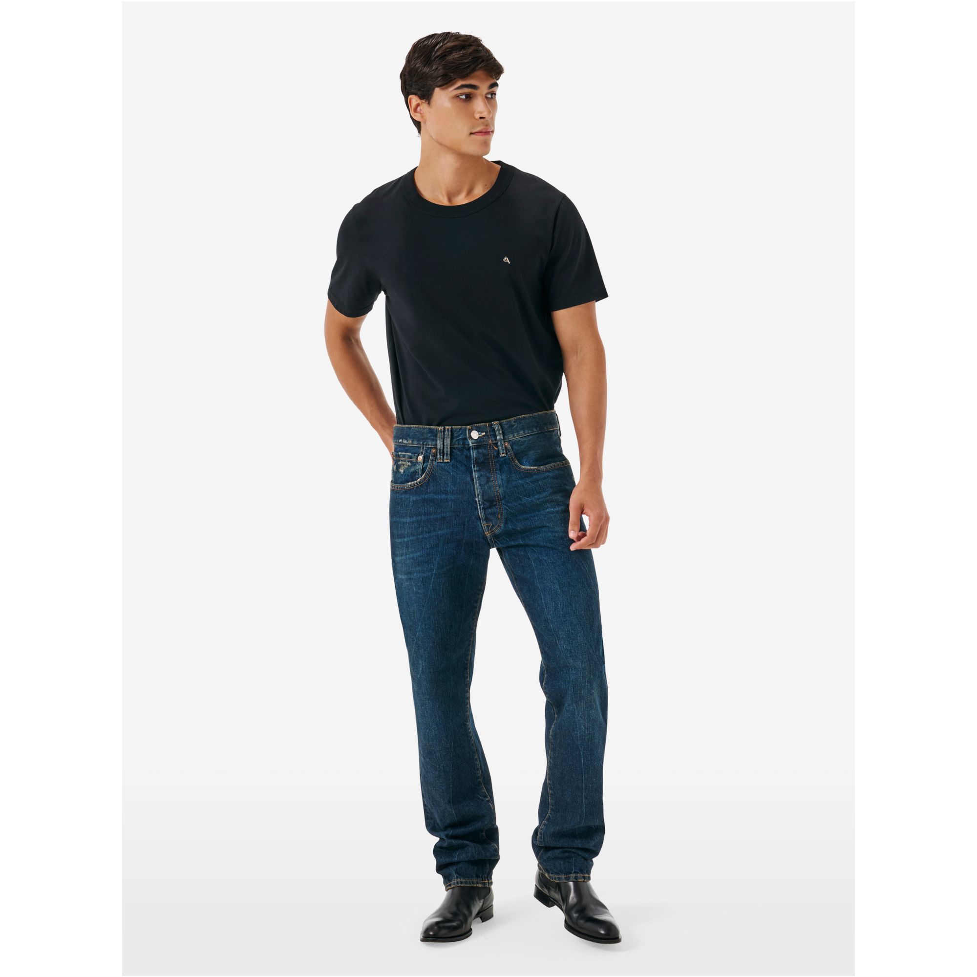 Standard regular straight '90s fit dark wash damaged and resinated