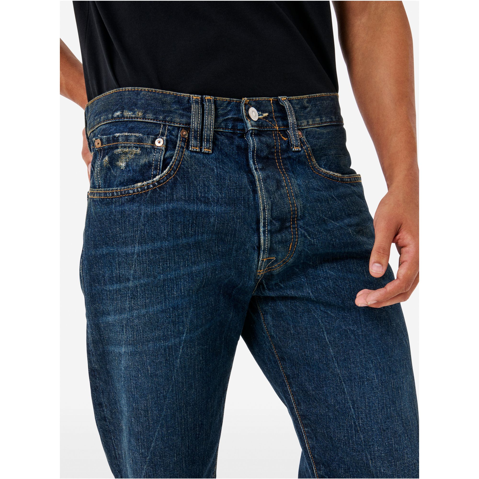 Standard regular straight '90s fit dark wash damaged and resinated