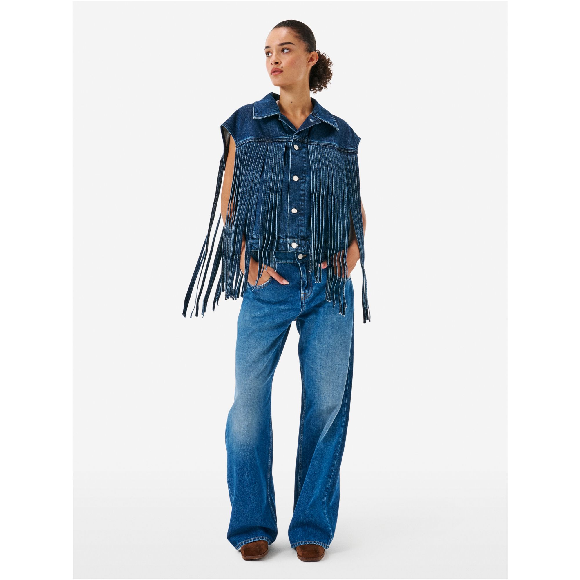 Jade' gilet with franges light vintage