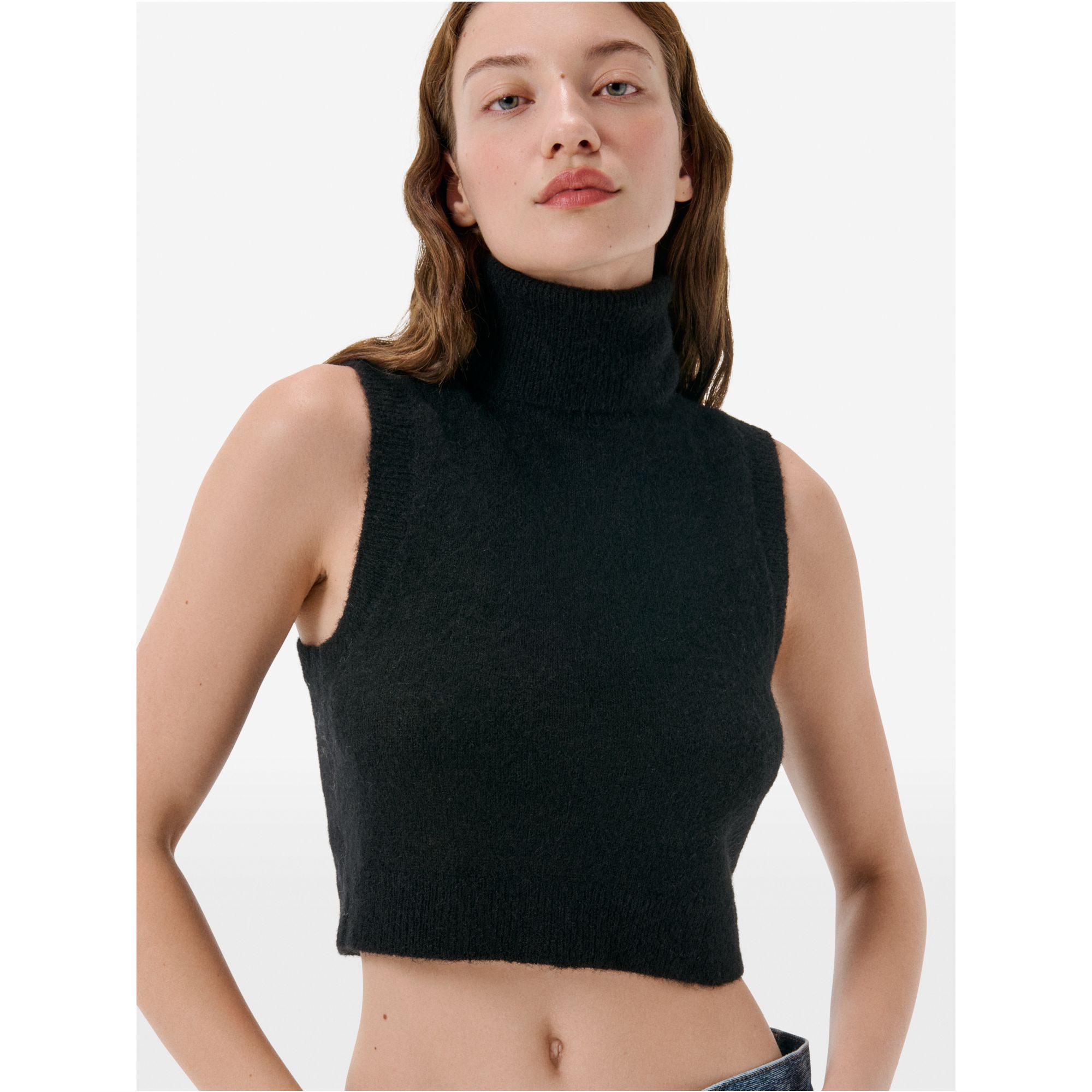 Turtle neck crop top plain knit alpaca