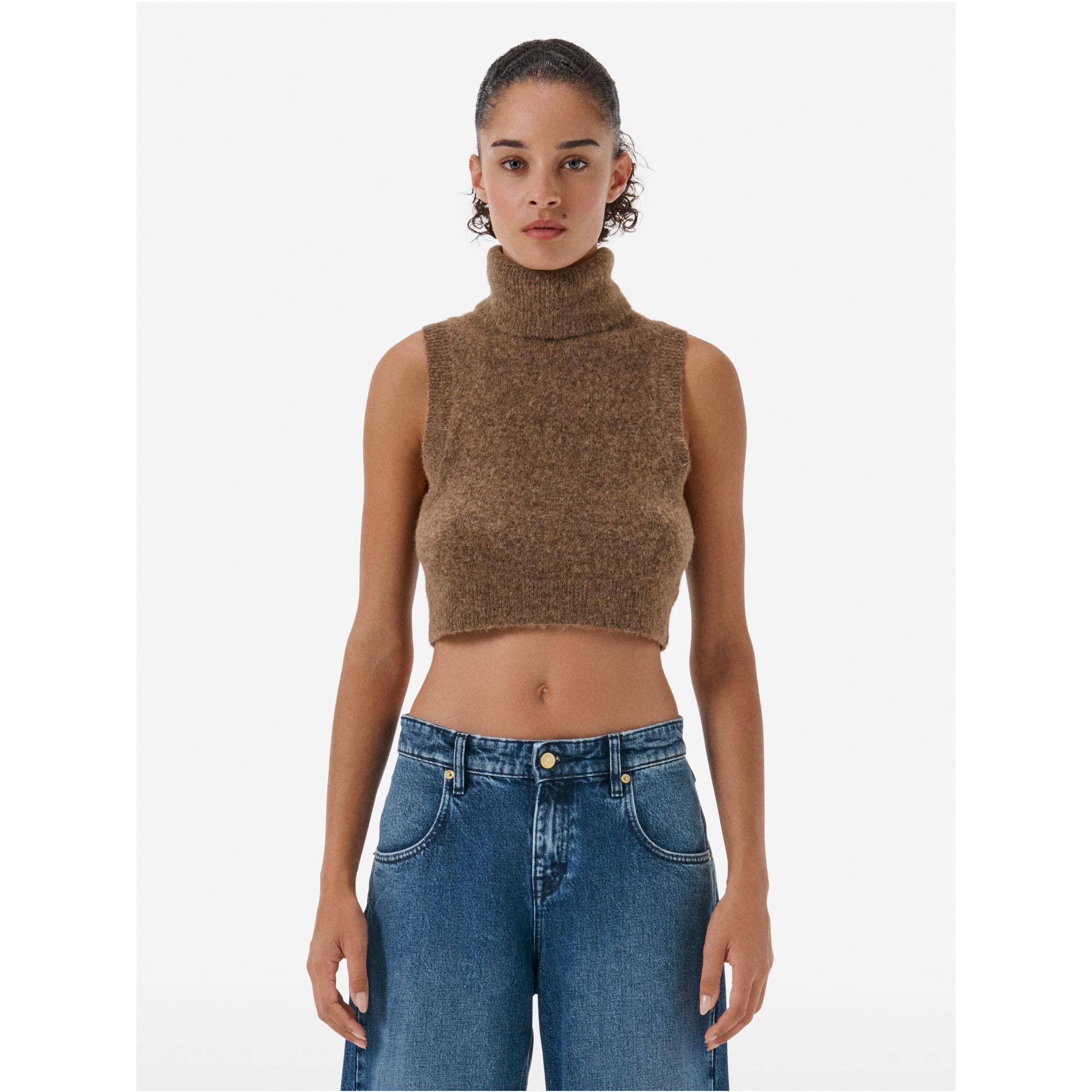 Crop top con collo alto in misto alpaca