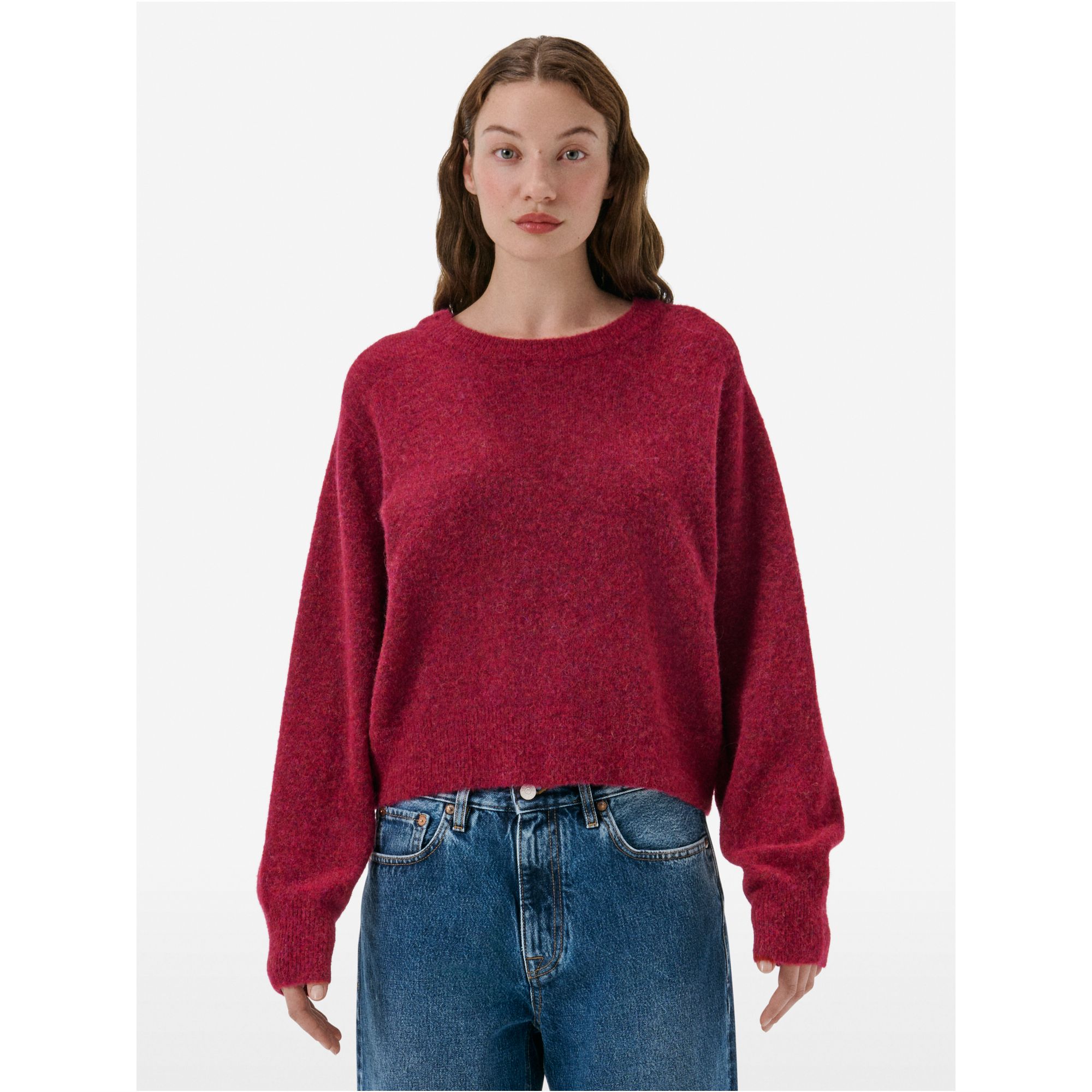 Crop round neck collar plain knit alpaca