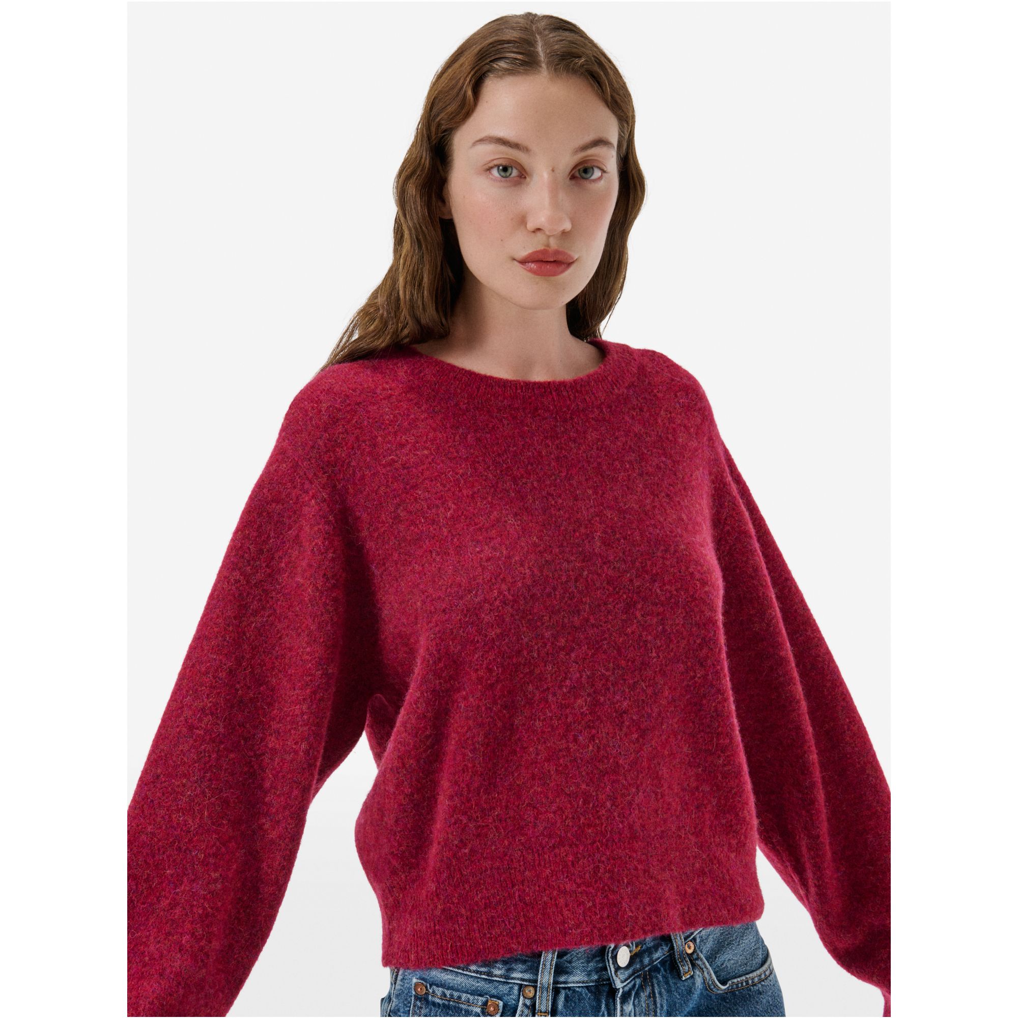 Crop round neck collar plain knit alpaca