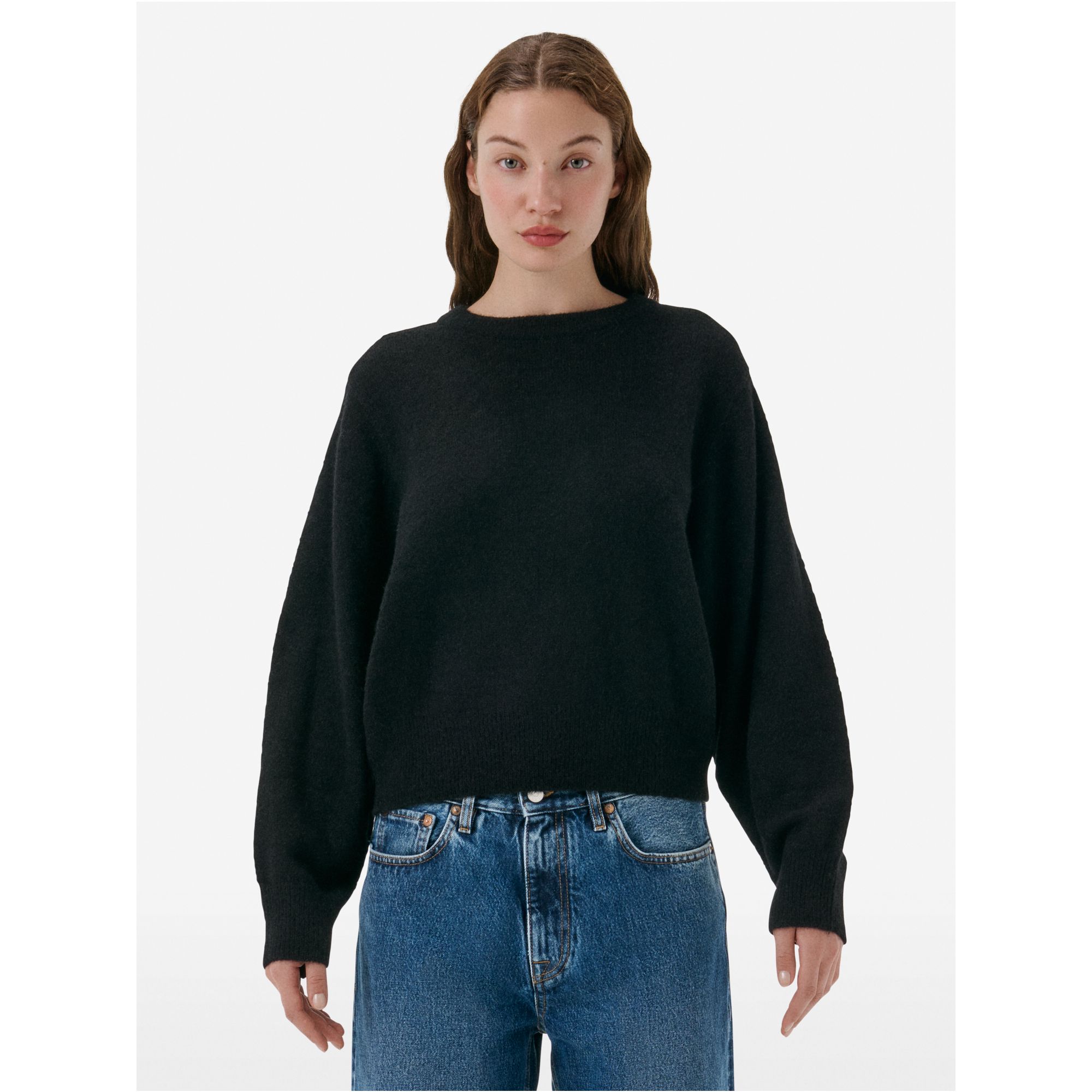 Crop round neck collar plain knit alpaca