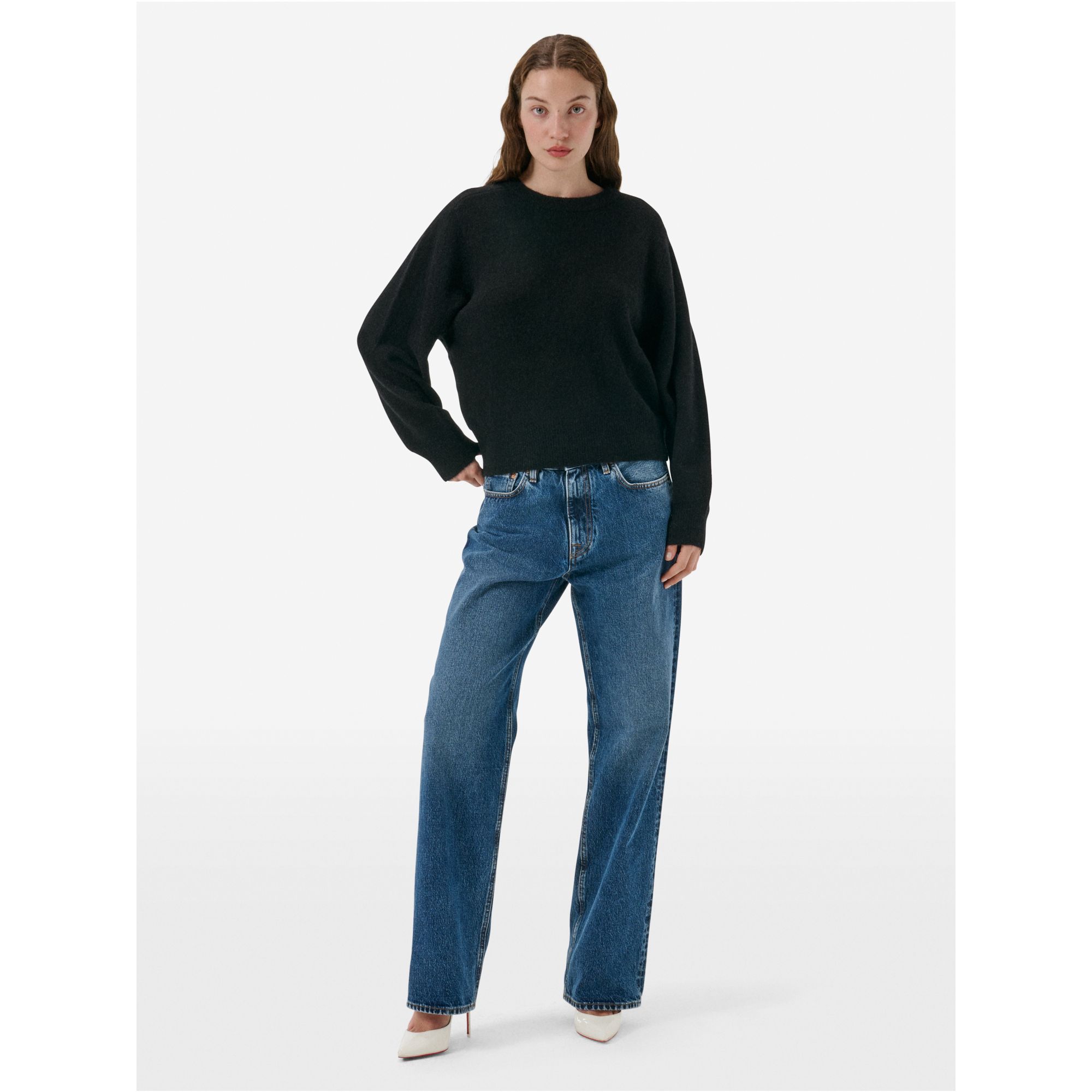 Crop round neck collar plain knit alpaca