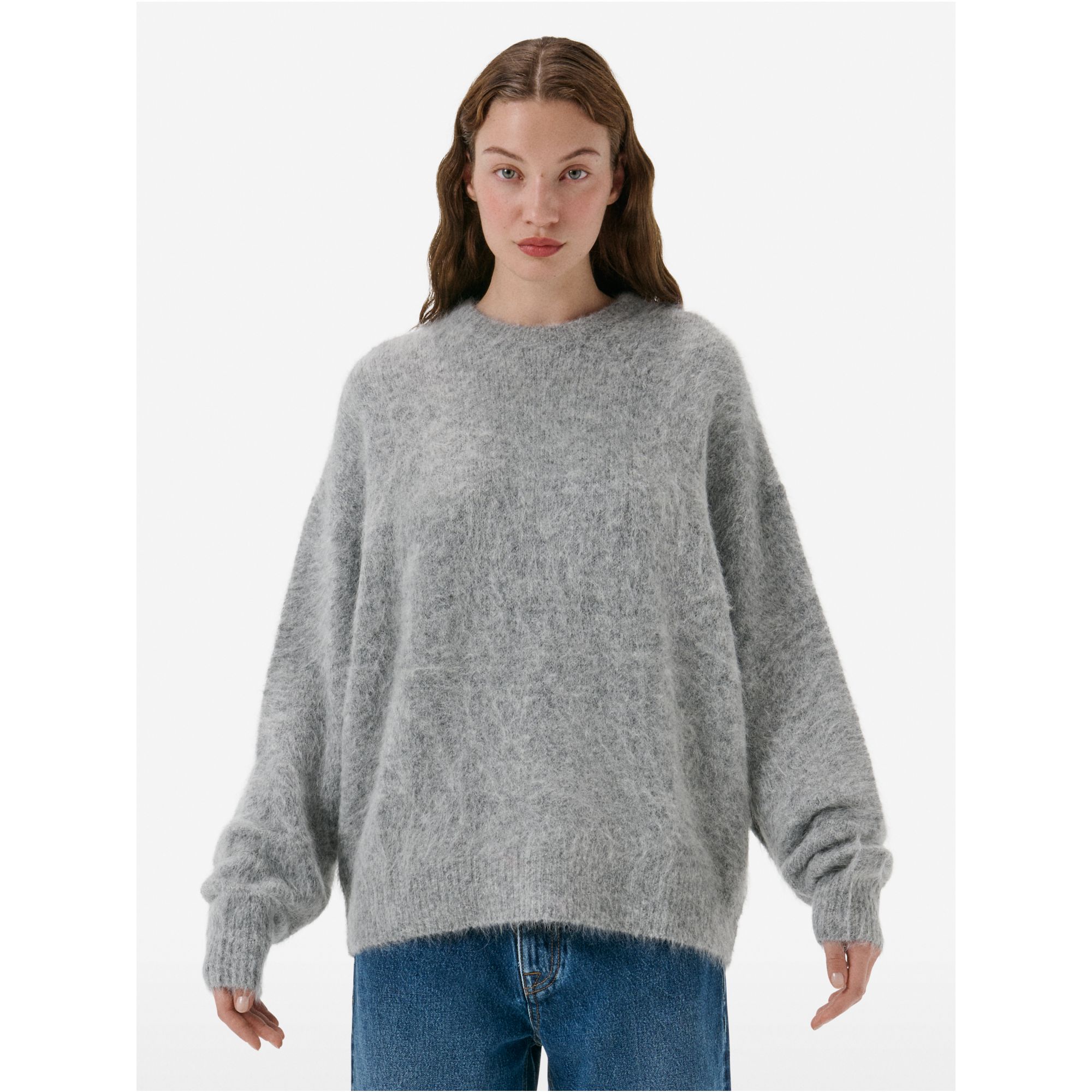 Over round neck collar brushed plain knit amazing