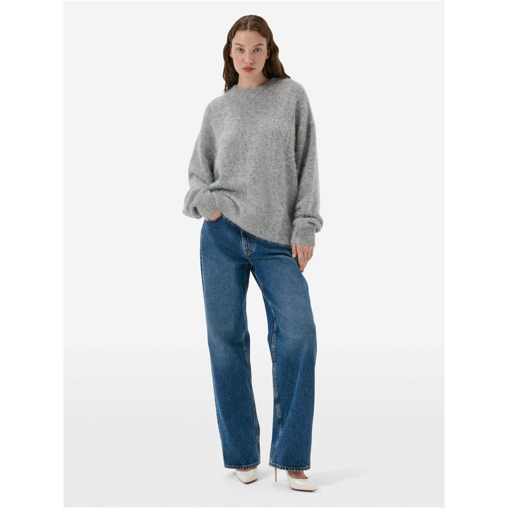 Over round neck collar brushed plain knit amazing