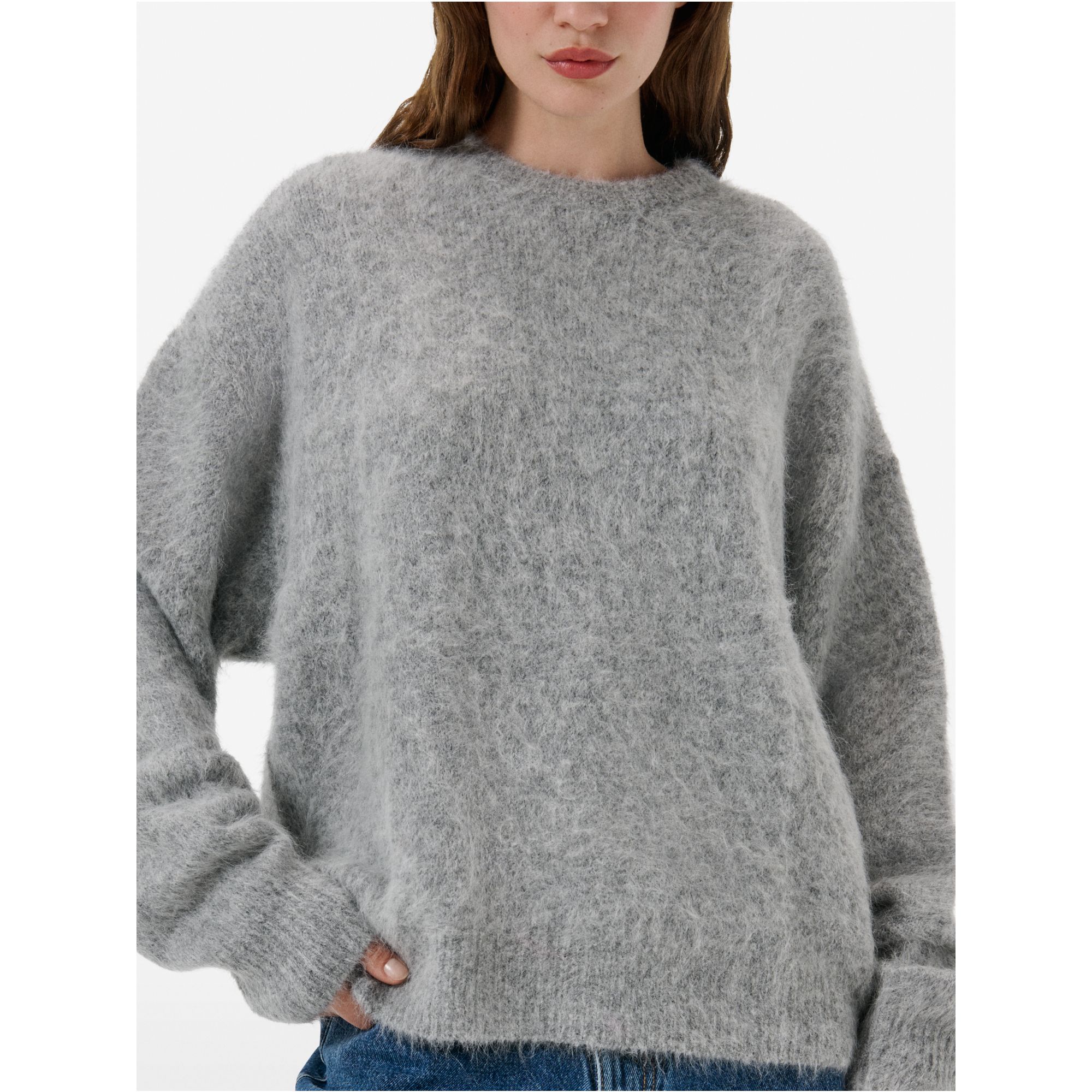 Over round neck collar brushed plain knit amazing