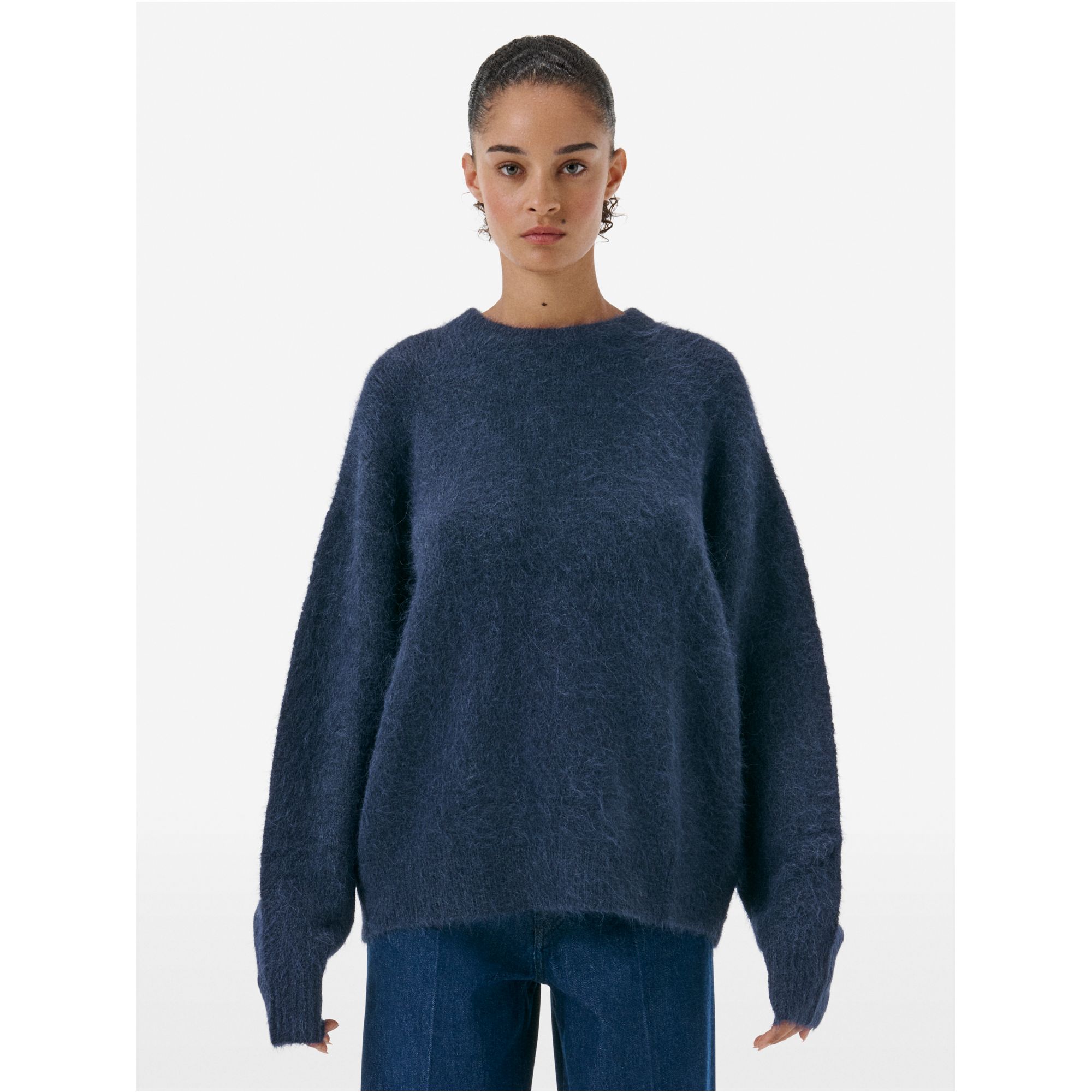 Over round neck collar brushed plain knit amazing