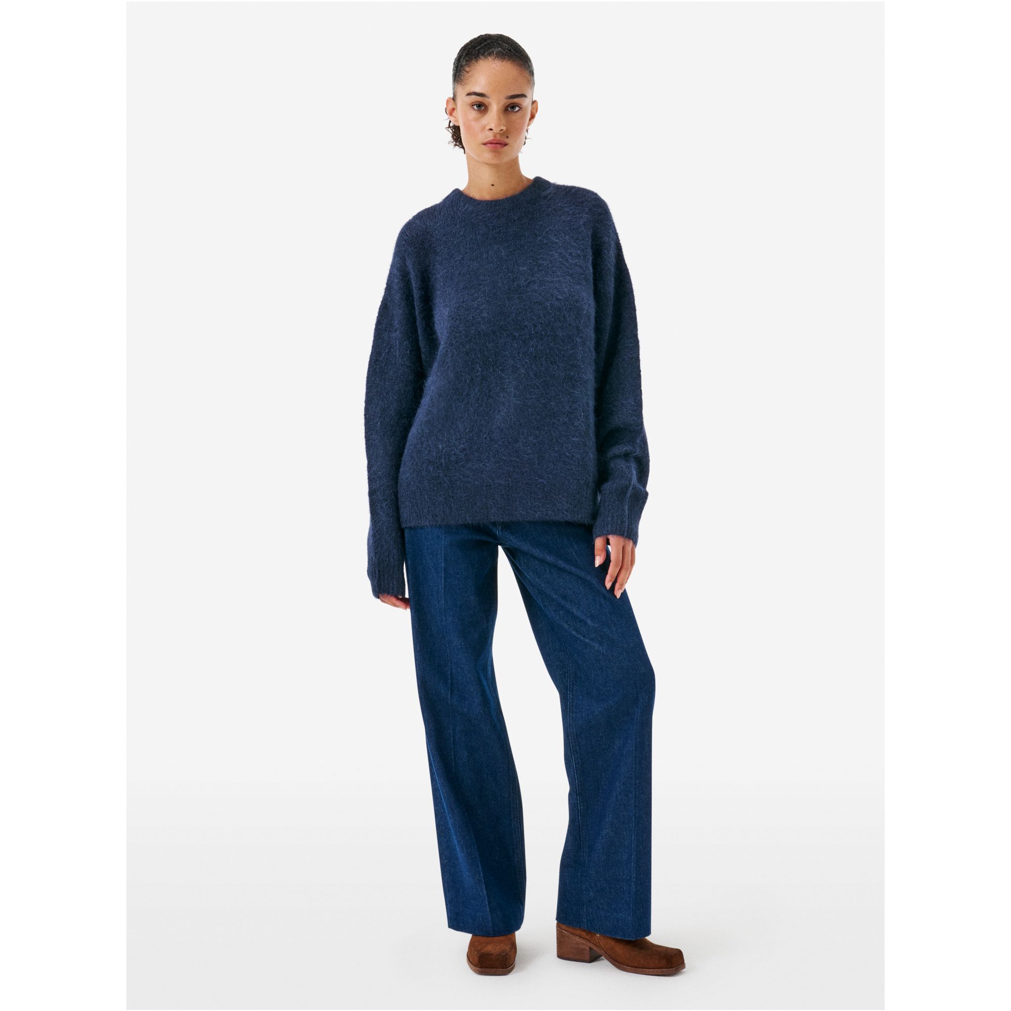 Over round neck collar brushed plain knit amazing