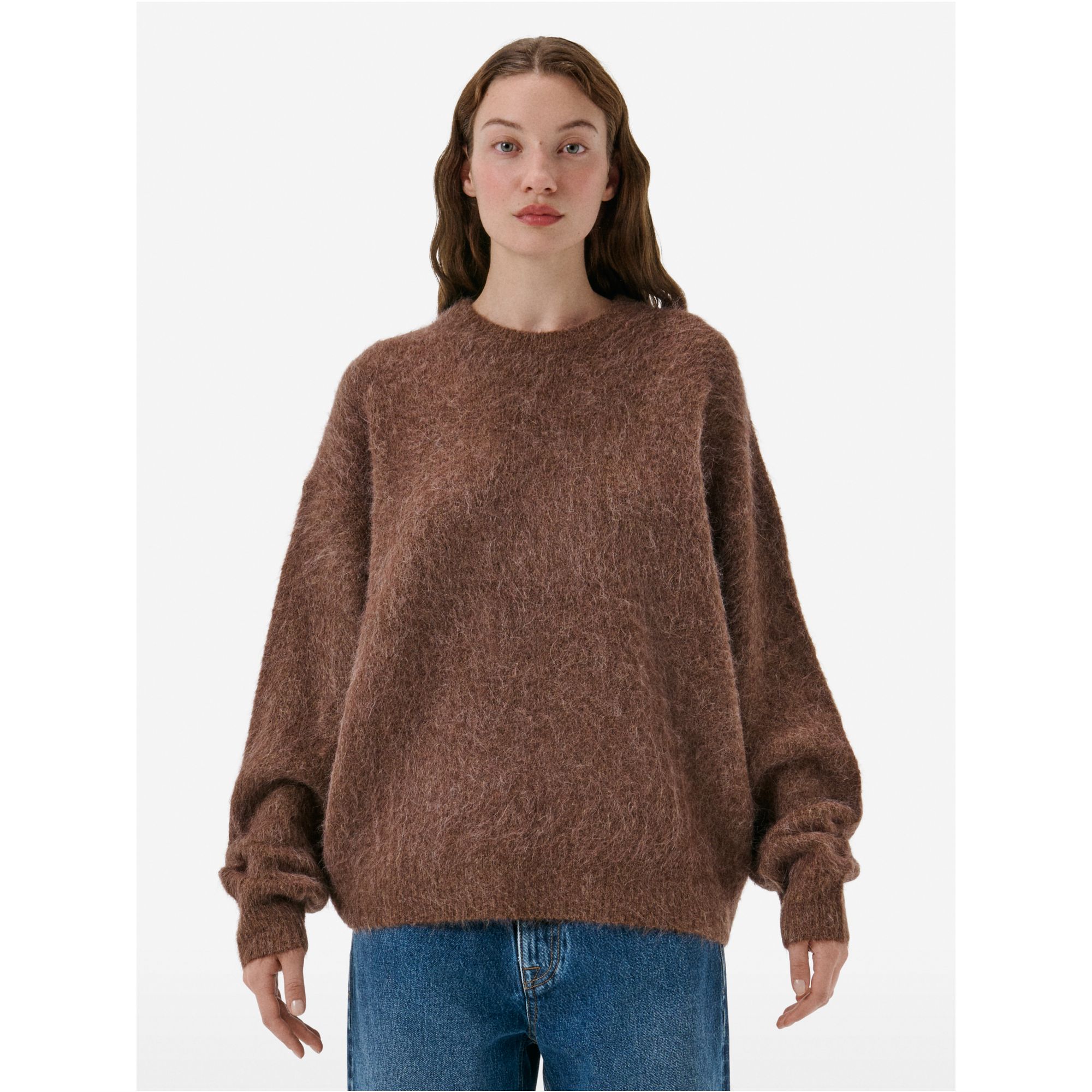 Over round neck collar brushed plain knit amazing