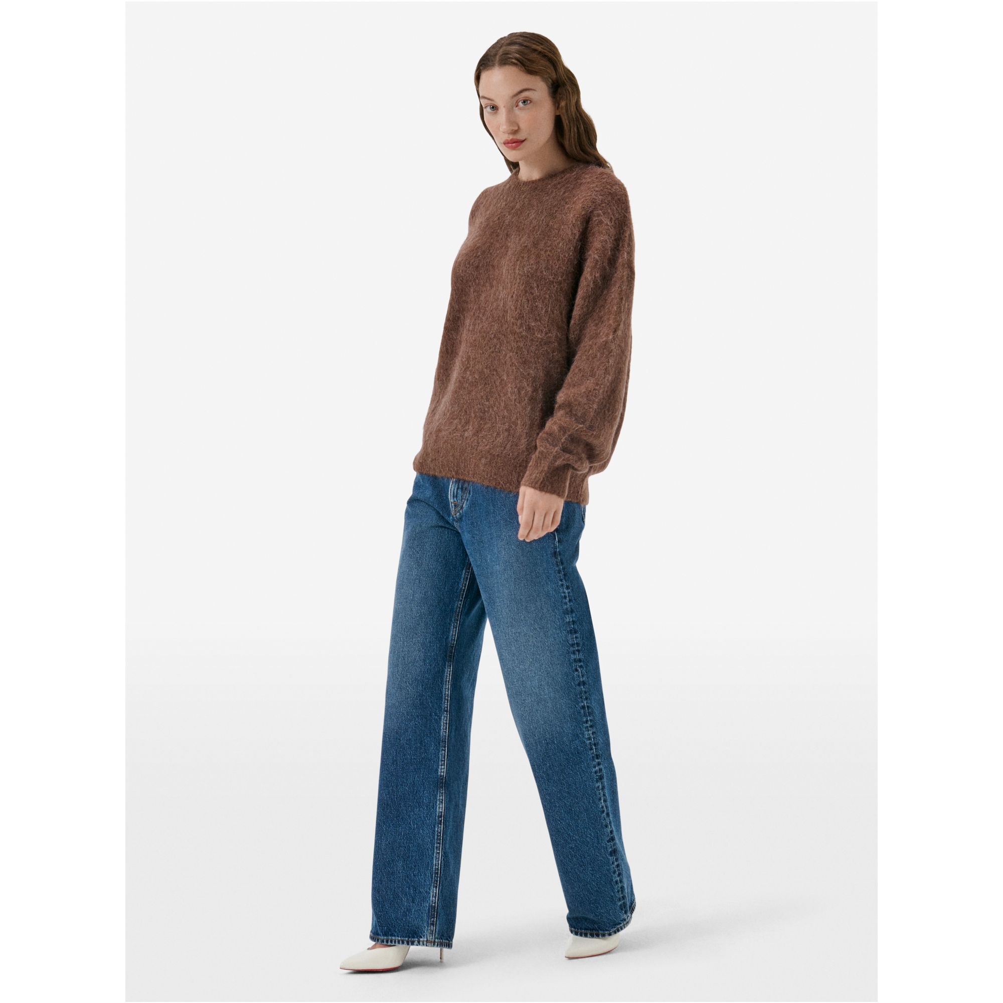 Over round neck collar brushed plain knit amazing