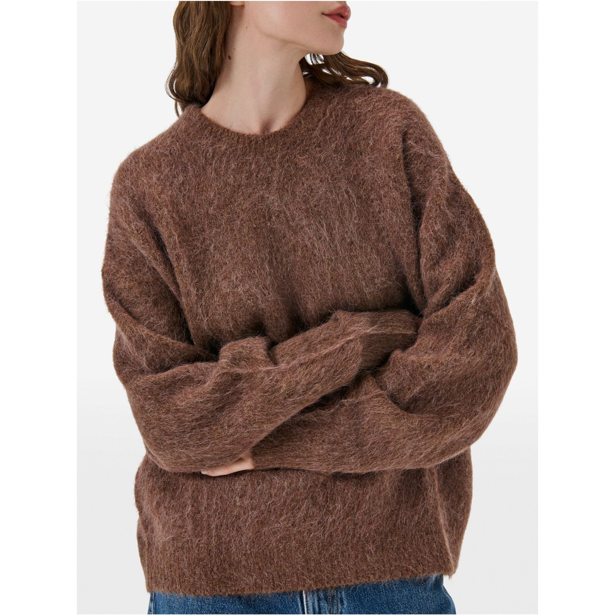 Over round neck collar brushed plain knit amazing