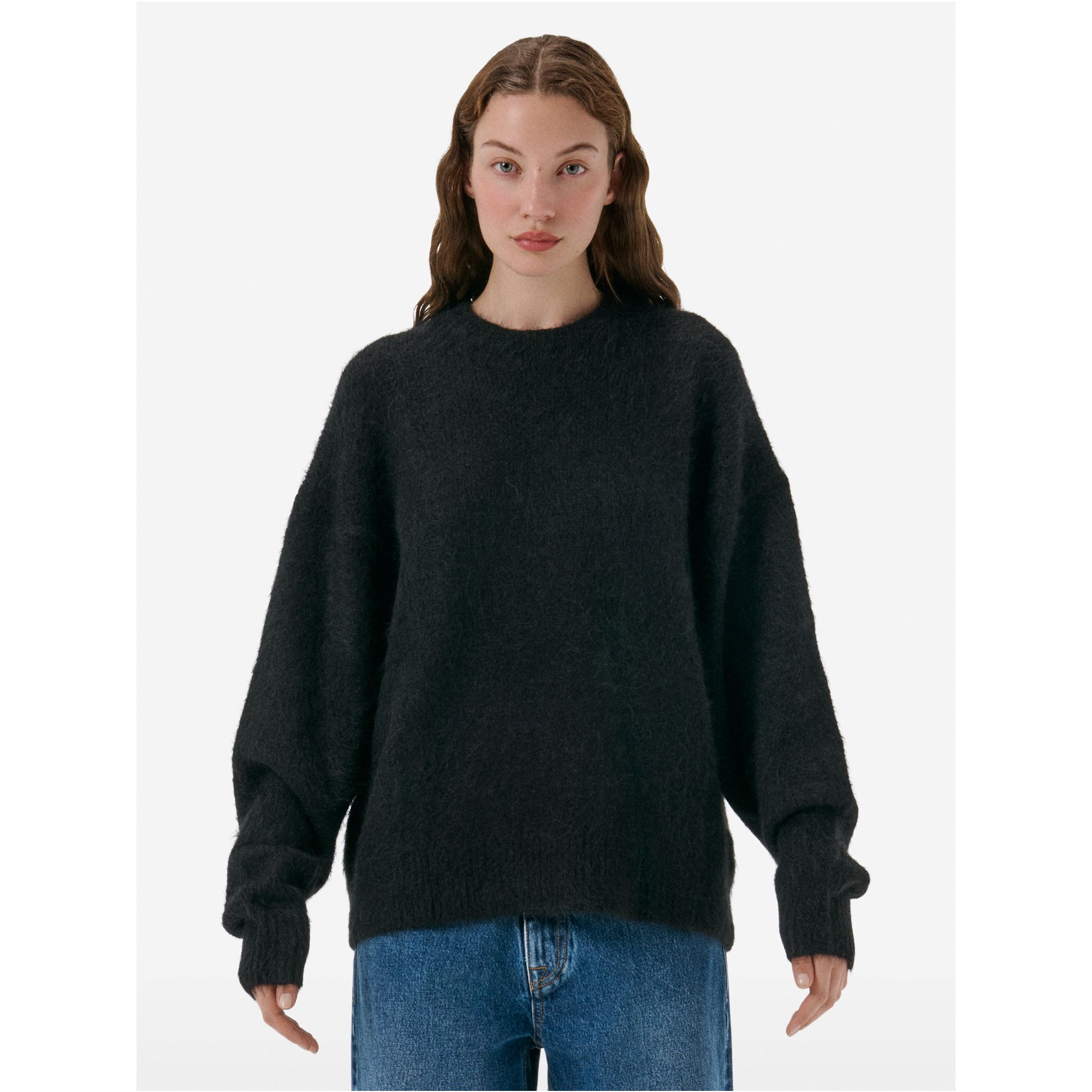 Over round neck collar brushed plain knit amazing