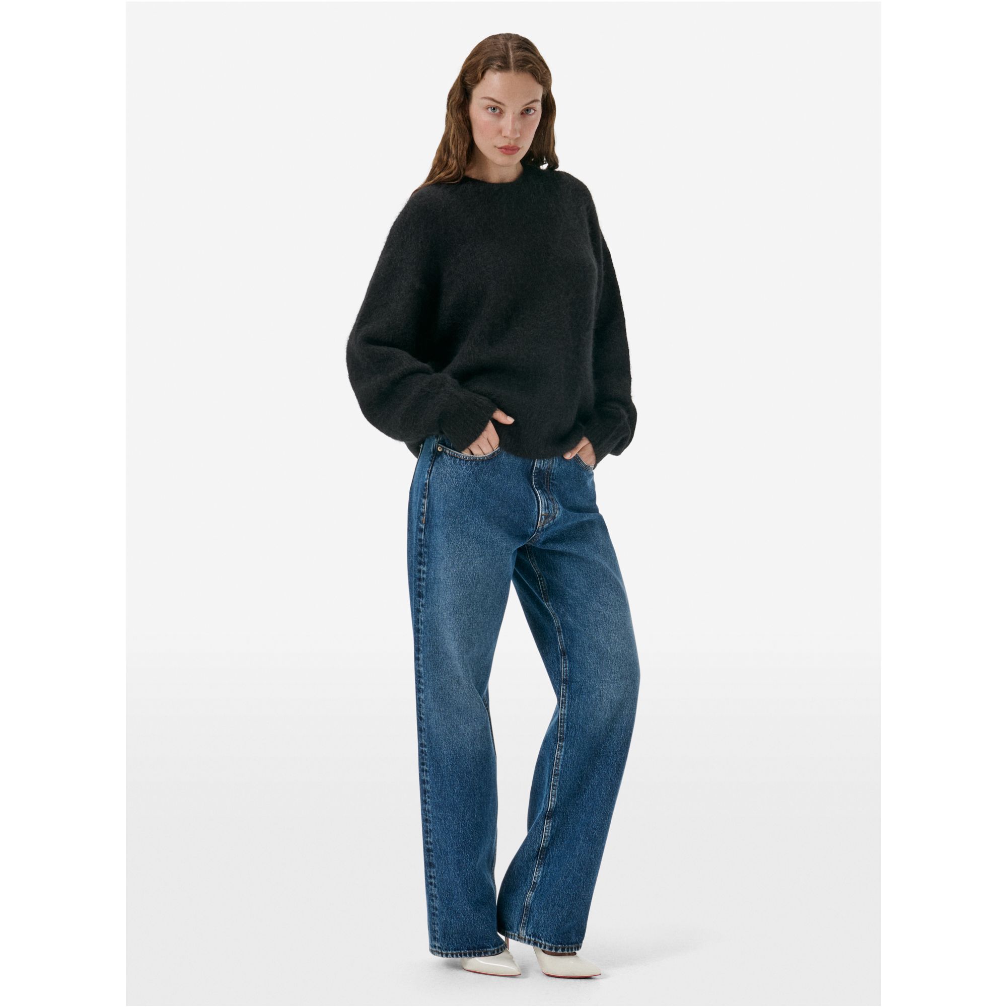Over round neck collar brushed plain knit amazing