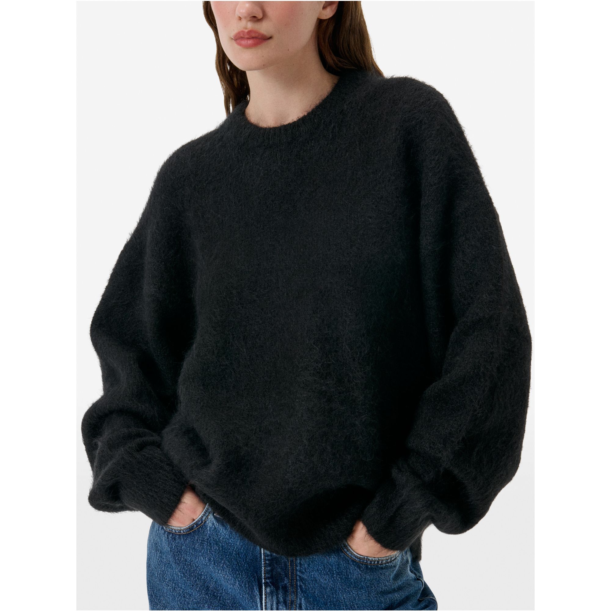 Over round neck collar brushed plain knit amazing