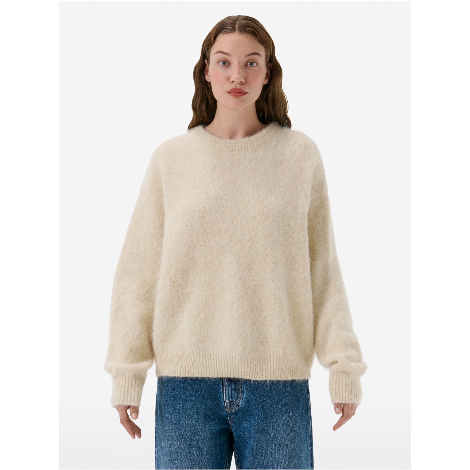 Over round neck collar brushed plain knit amazing