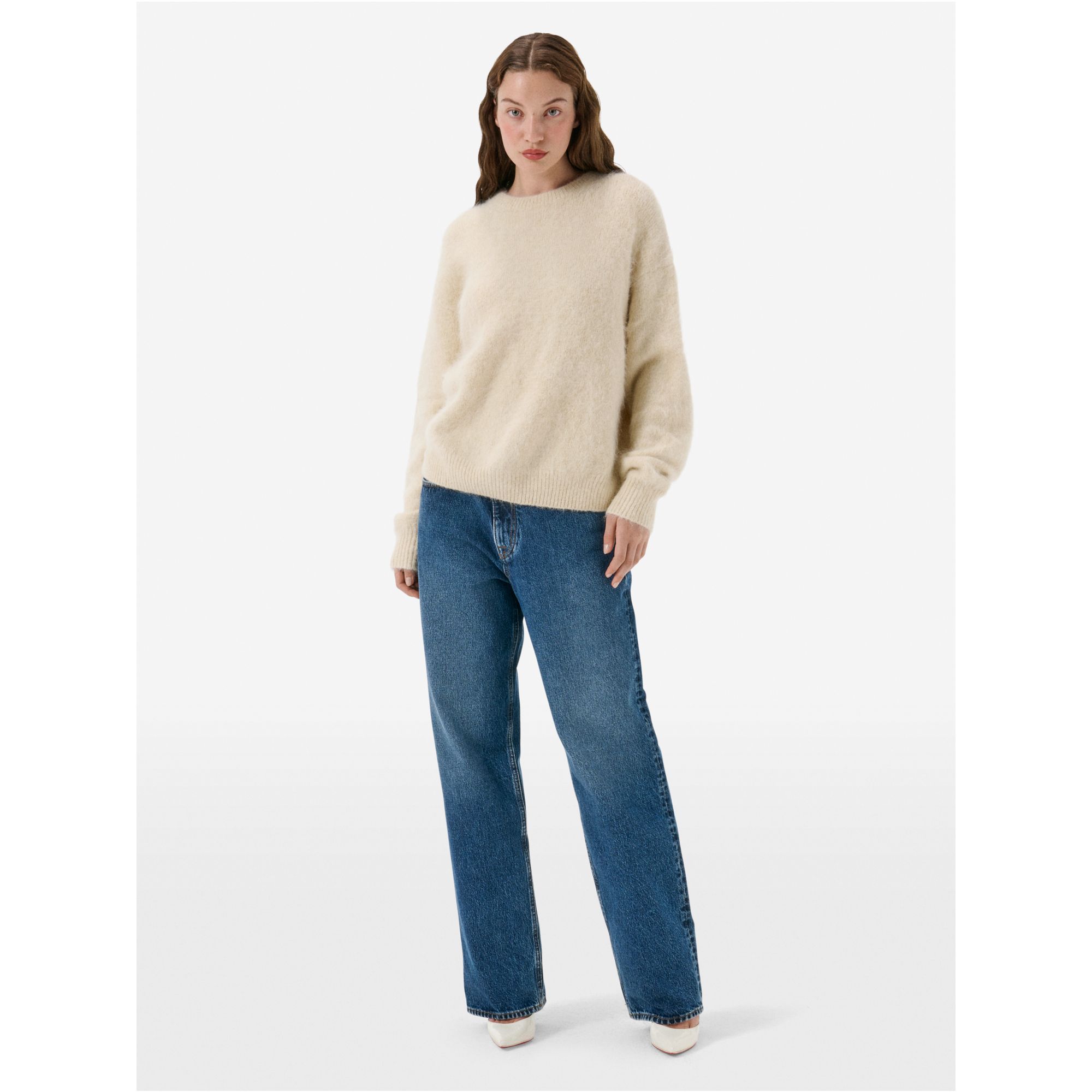 Over round neck collar brushed plain knit amazing