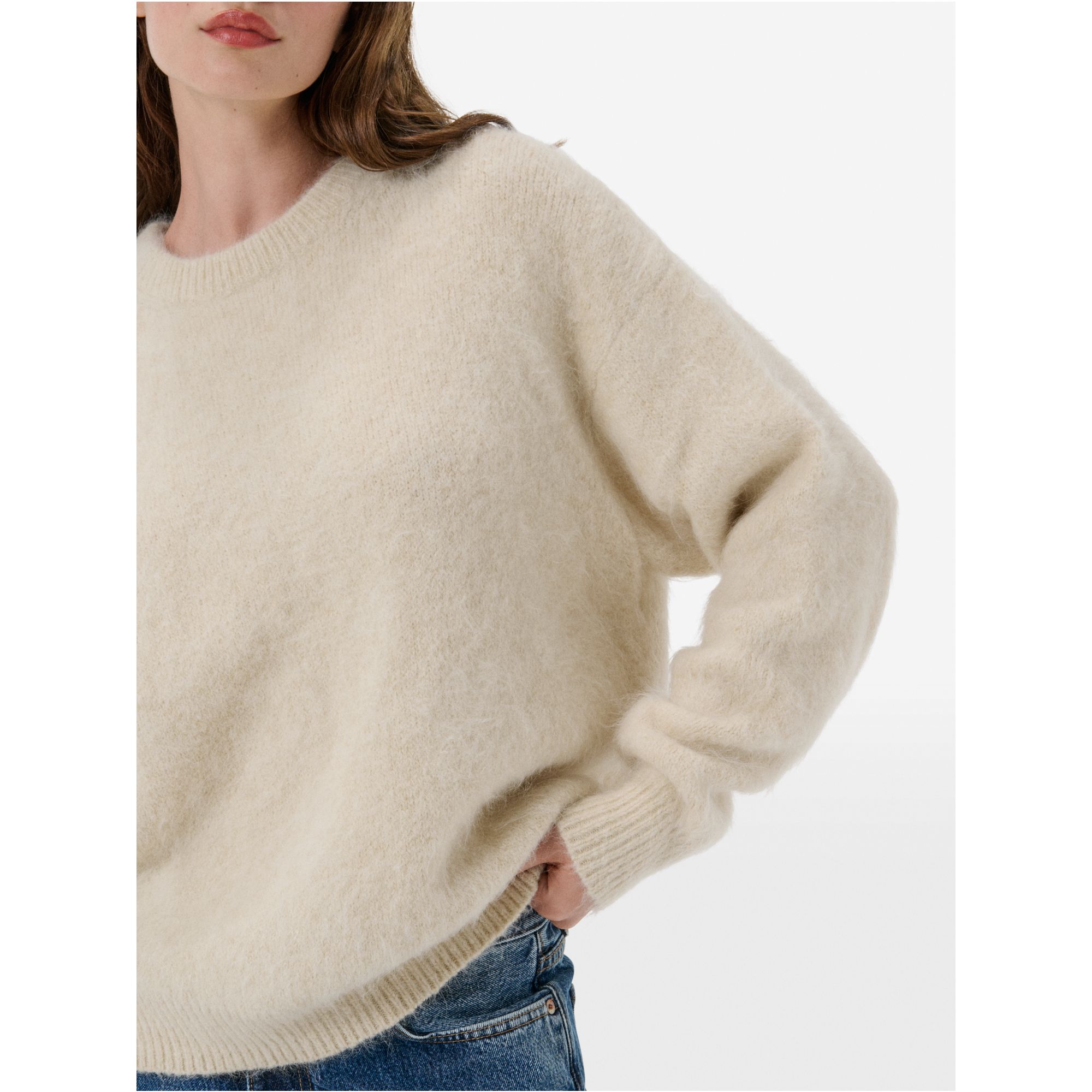 Over round neck collar brushed plain knit amazing