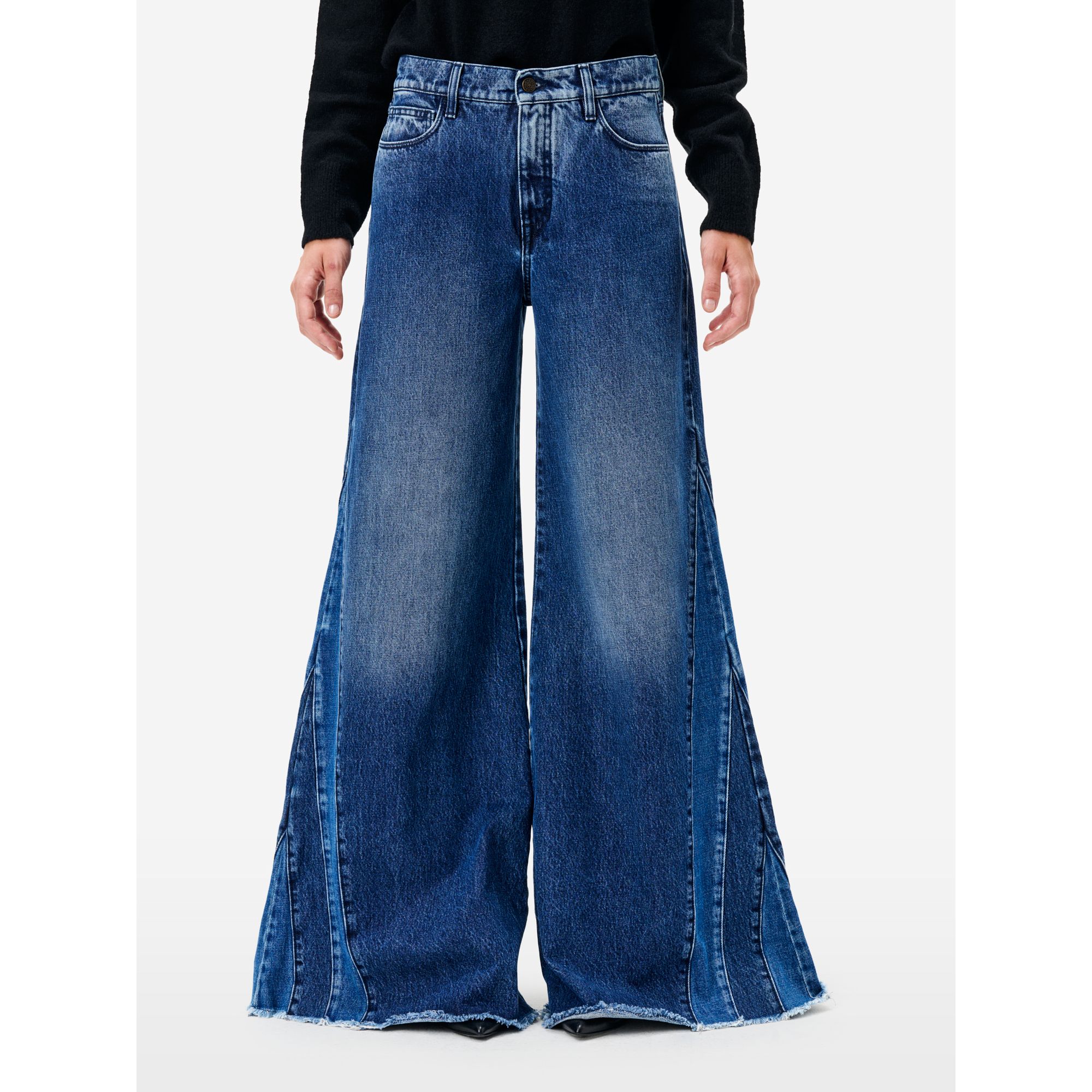 Asia cut mid rise wide leg flared stone wash brushed destroyed edge