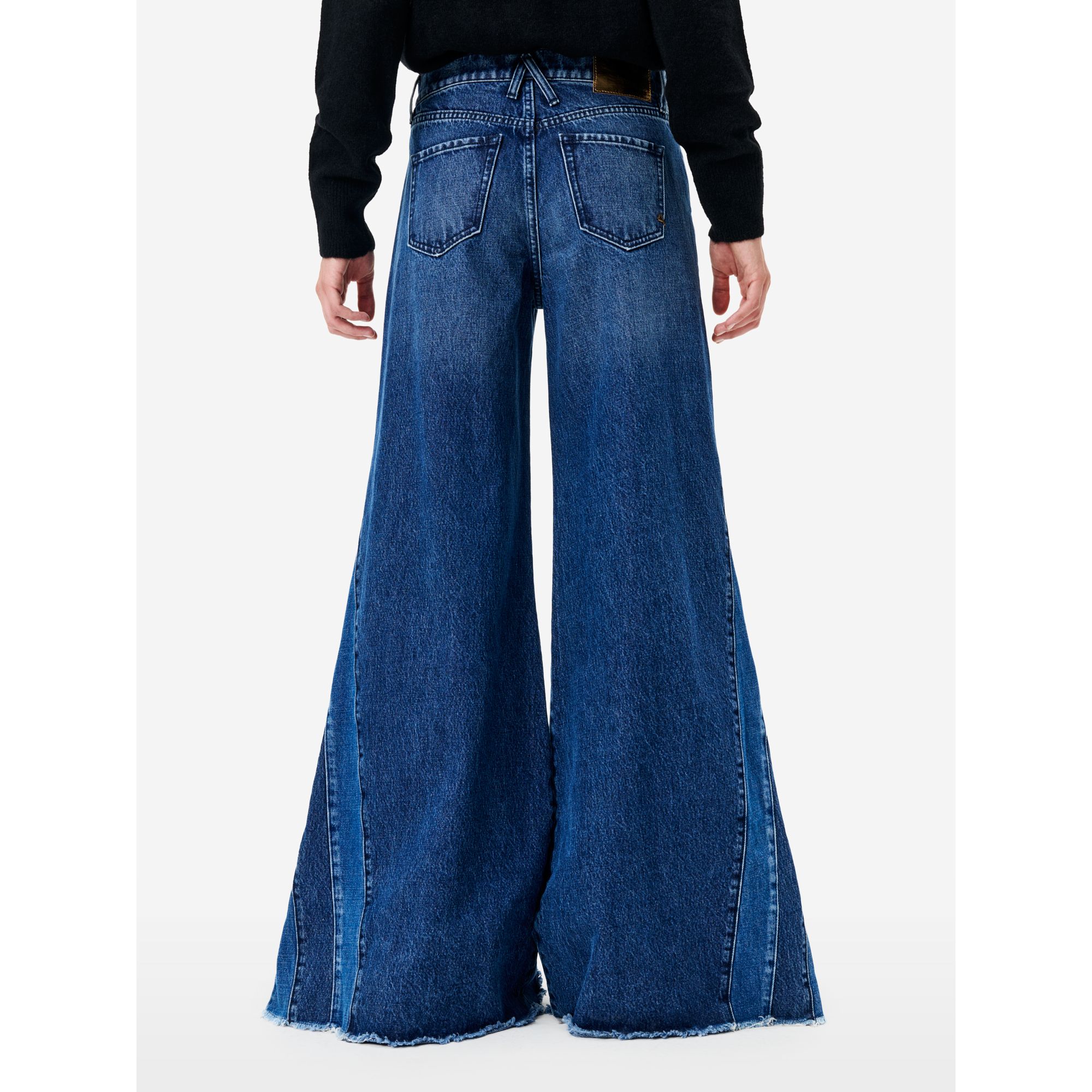 Asia cut mid rise wide leg flared stone wash brushed destroyed edge
