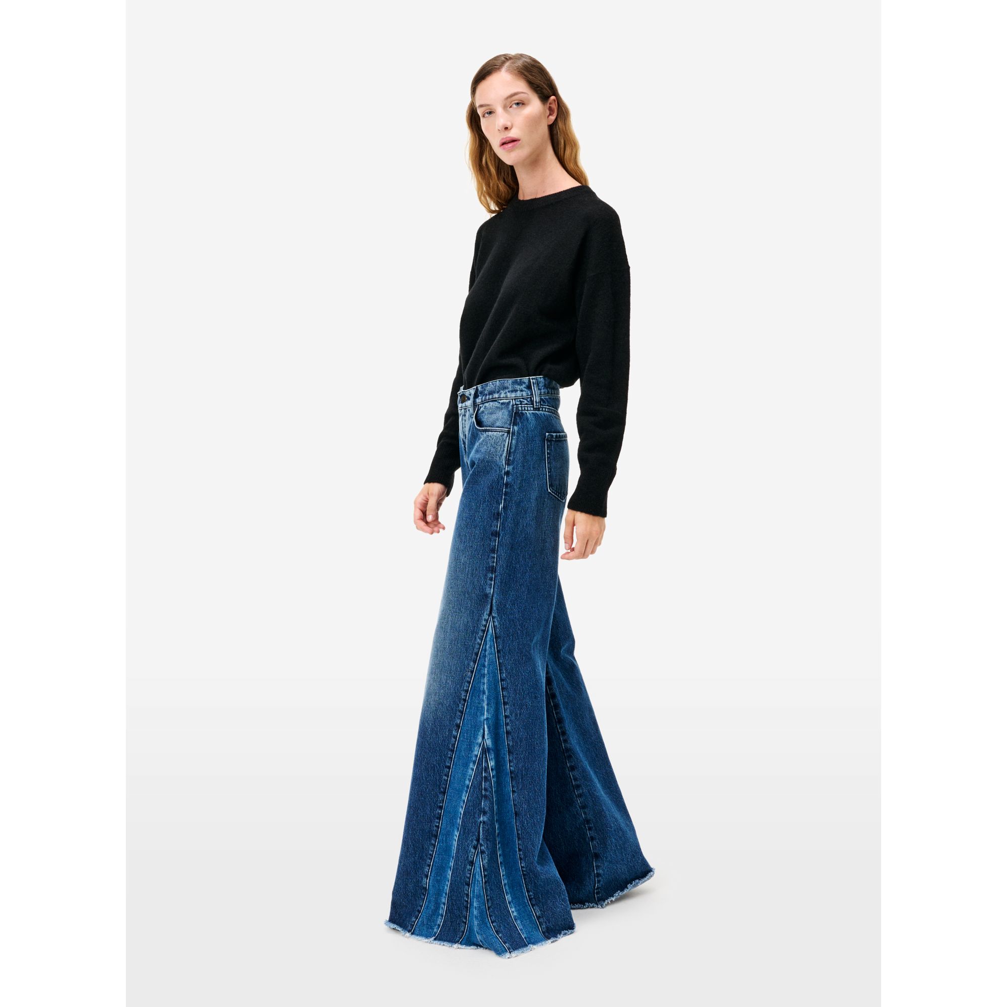 Asia cut mid rise wide leg flared stone wash brushed destroyed edge