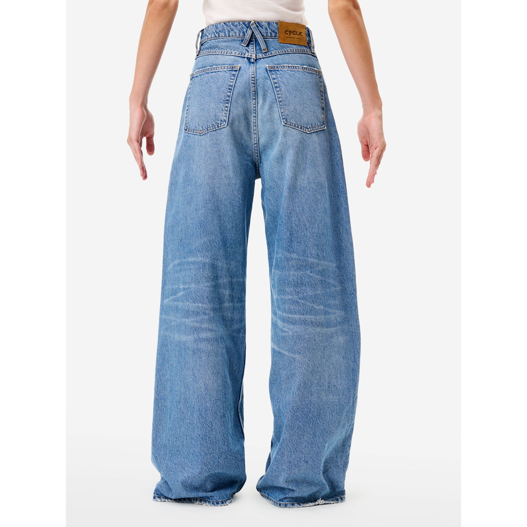 Emily high rise loose fit volume leg mid blue antique wash with light fading